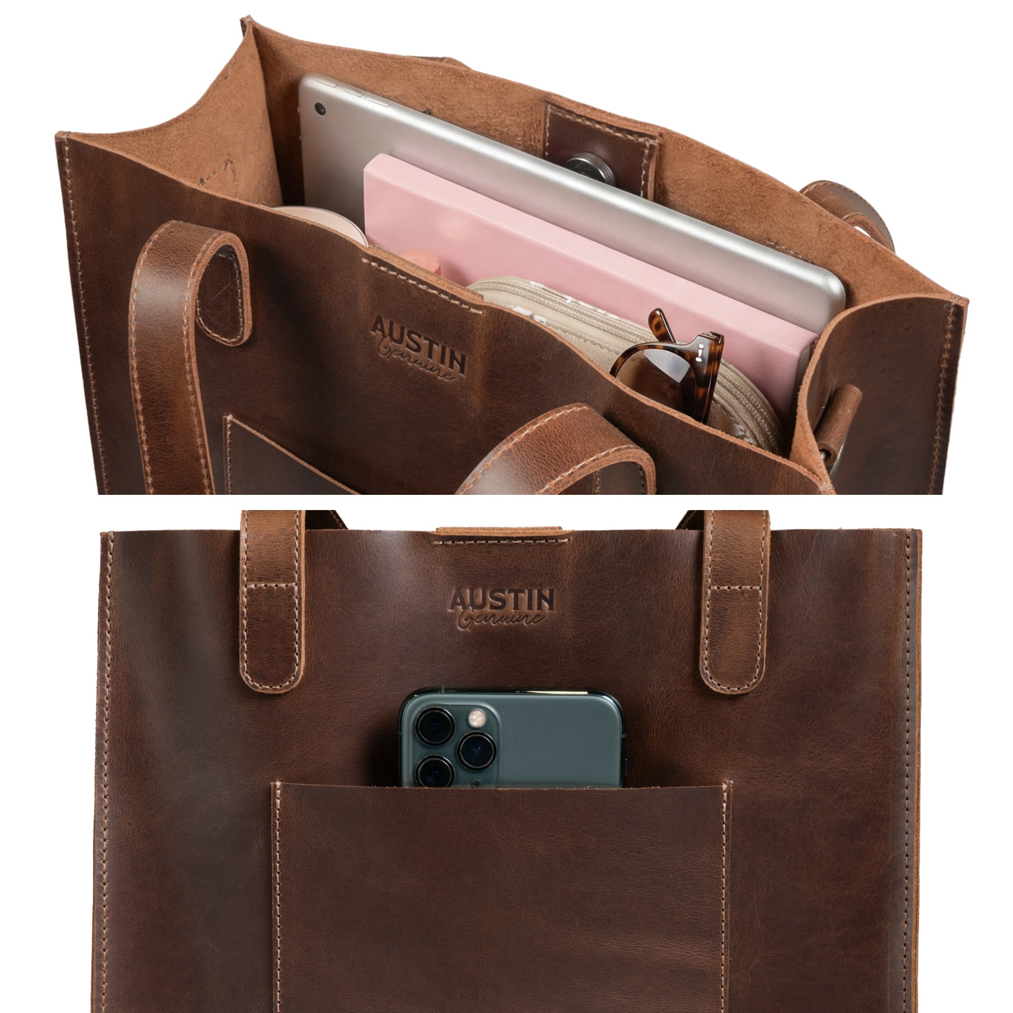 Inside view of The Springdale Crossbody Tote from Austin Genuine, illustrating its spaciousness and details. This handcrafted tote made from full grain leather showcases small batch production and artisan techniques from La Antigua Guatemala & Oaxaca Mexico.
