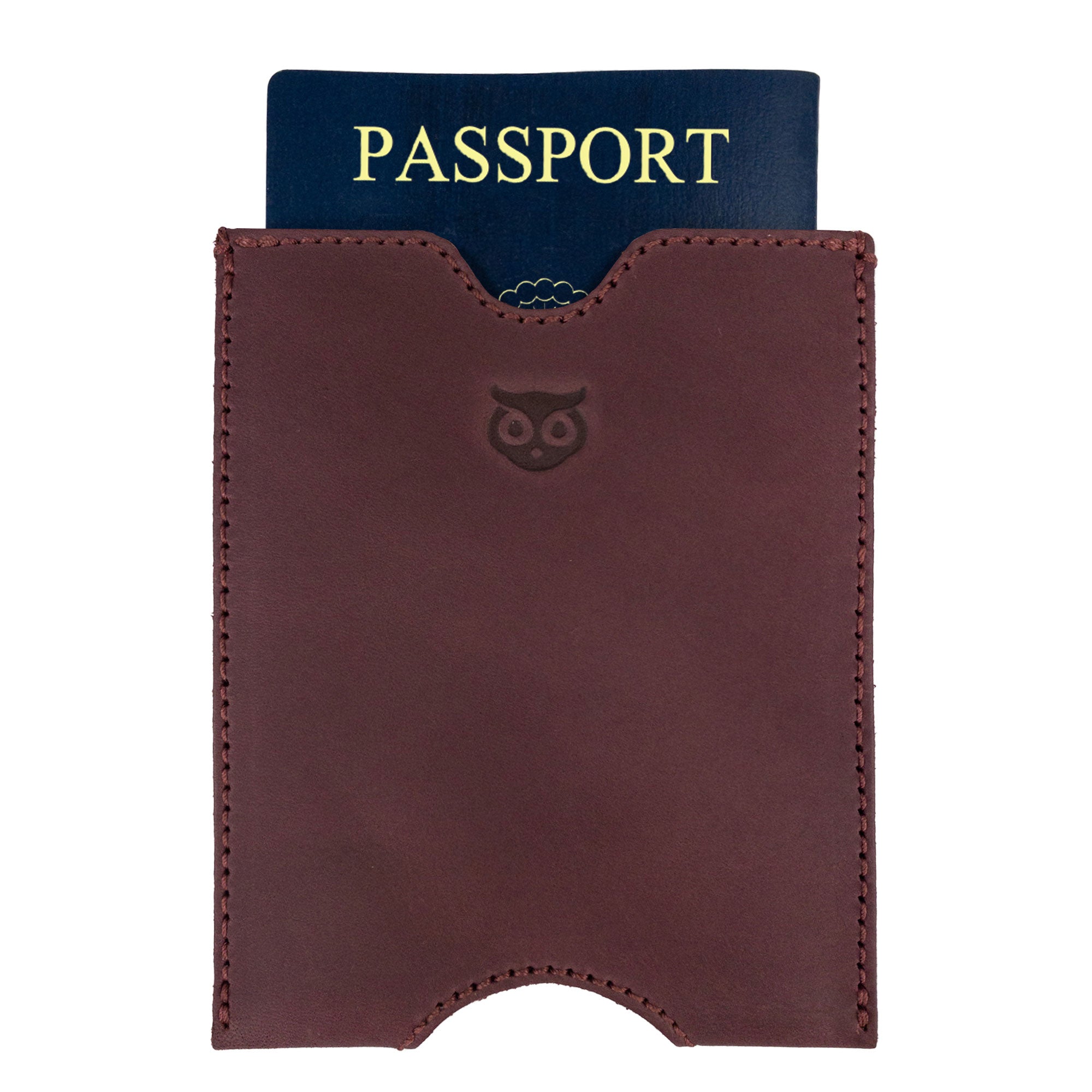 Hide & Drink Passport Sleeve featuring a passport inside, illustrating its function as a Travel Passport Pocket Sleeve. This piece, made from durable Full Grain Leather, emphasizes handmade quality and artisan craftsmanship, showcasing small batch production in La Antigua Guatemala & Oaxaca Mexico.