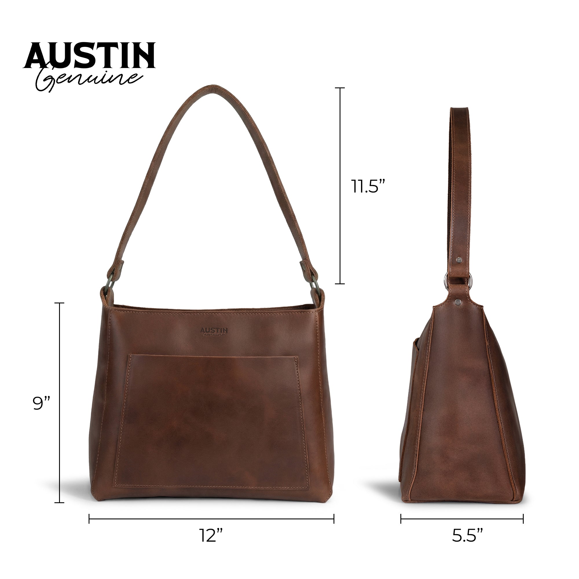Dimensions illustration of The Allandale Tote Bag by Austin Genuine showcasing its size. This trendy bag, made from full grain leather, features small batch production techniques, hand cut and hand sewn workmanship, and is fire branded, an artisan piece handmade in La Antigua Guatemala & Oaxaca Mexico.