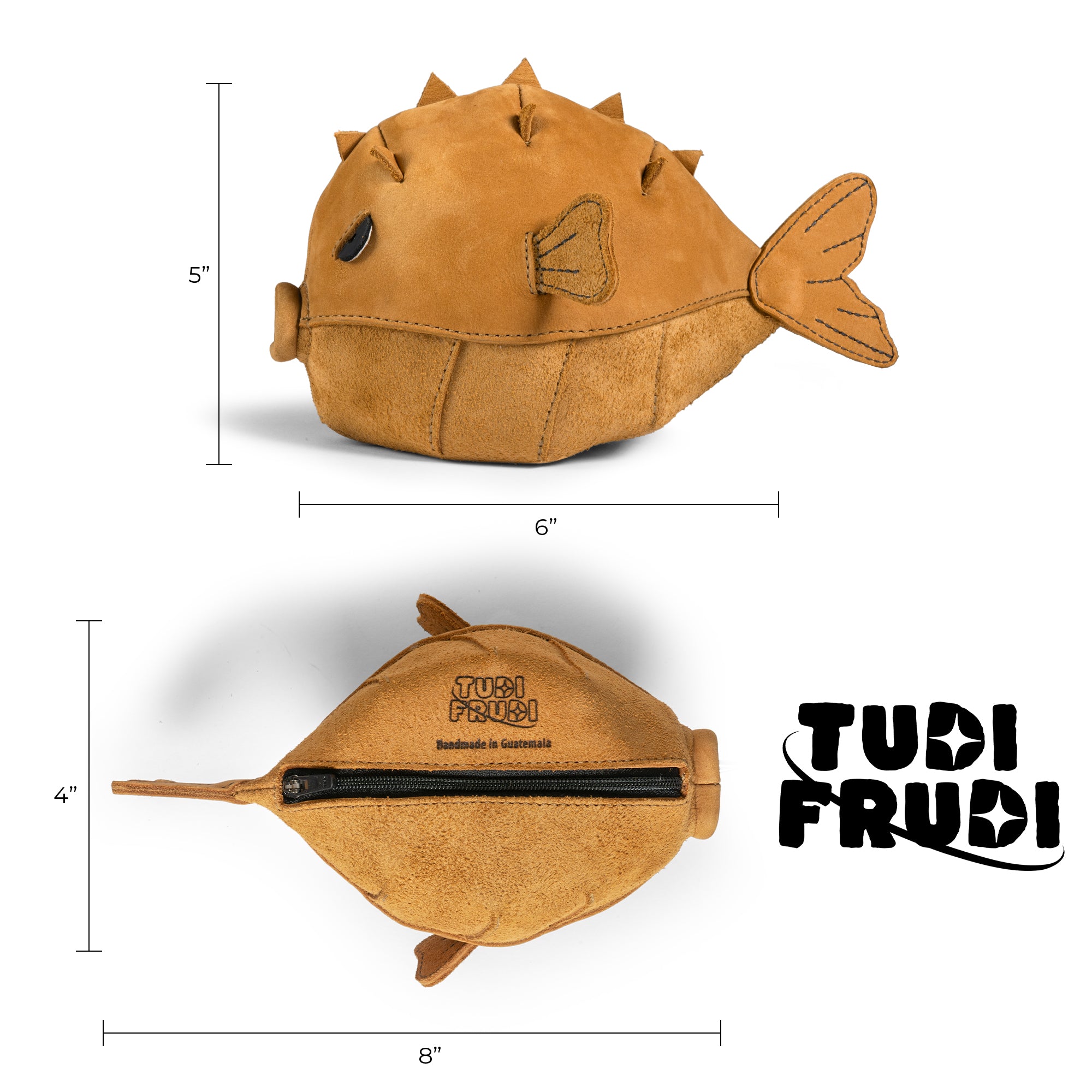 Dimensions of the Leather Pufferfish Pouch by Tudi Frudi, showcasing its practical size for organizing cables or as a zippered cash holder wallet for coins. Made with high-quality, fire branded full grain leather, artisan features add to its charm.