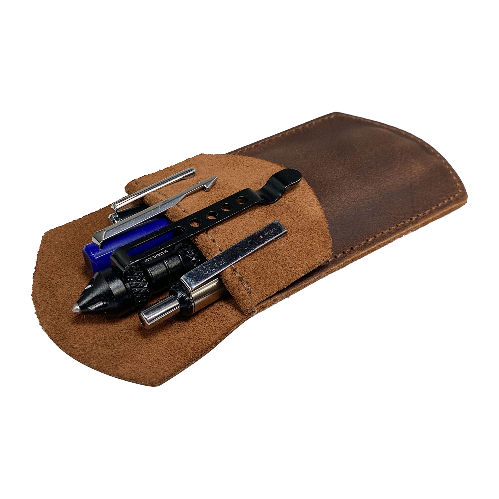 Side view of the Heavy Duty Hide Pen Pocket showcasing its structured design and full grain leather material. This versatile pen holder is perfect for organizing items in lab coats, backpacks, and shirts, emphasizing the brand's commitment to artisan craftsmanship in La Antigua Guatemala. StockyardX delivers quality with every handmade piece.