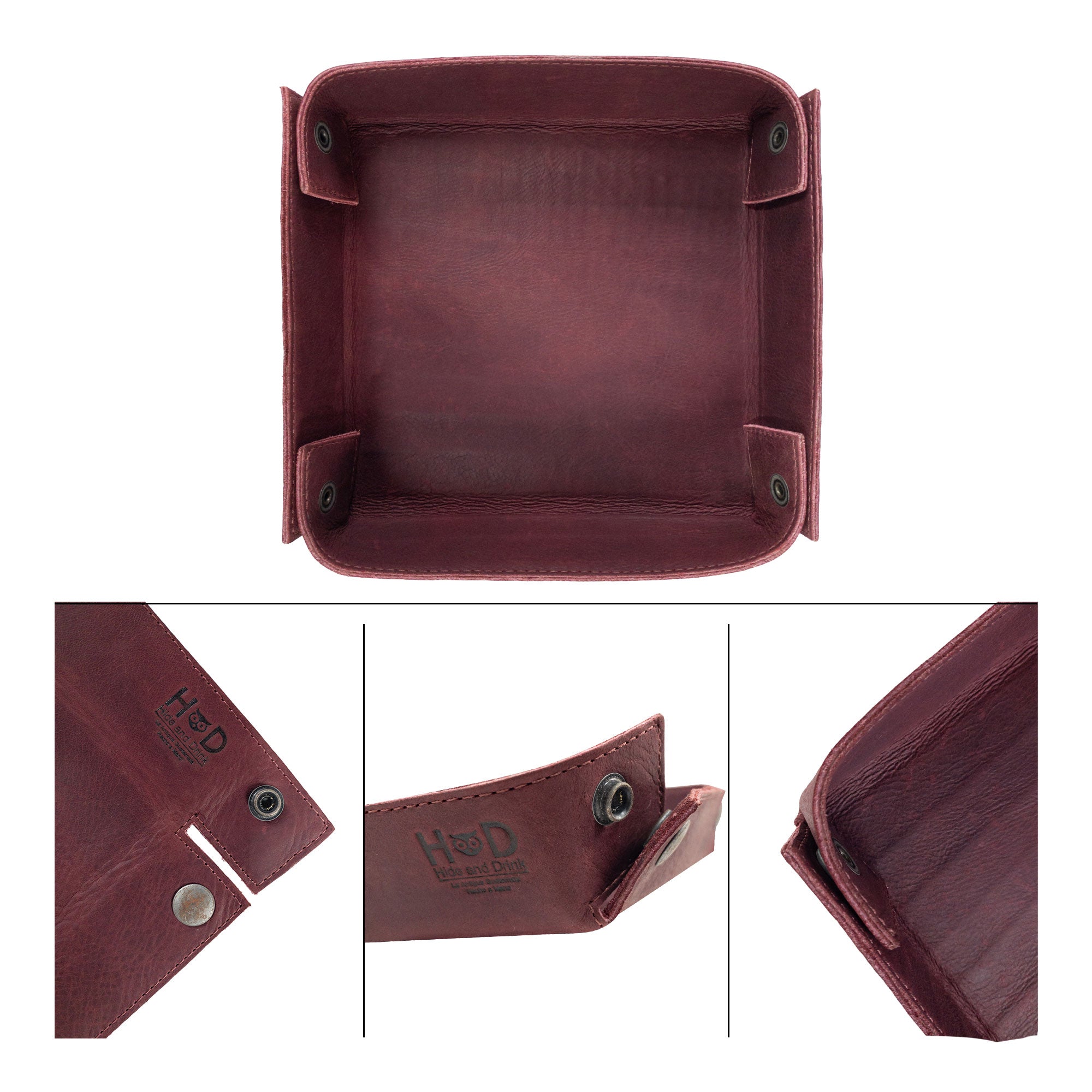 Hide & Drink Jumbo Tray, a durable catchall tray crafted from vintage-style full grain leather for holding small essentials. This artisan piece emphasizes skilled craftsmanship from La Antigua Guatemala.