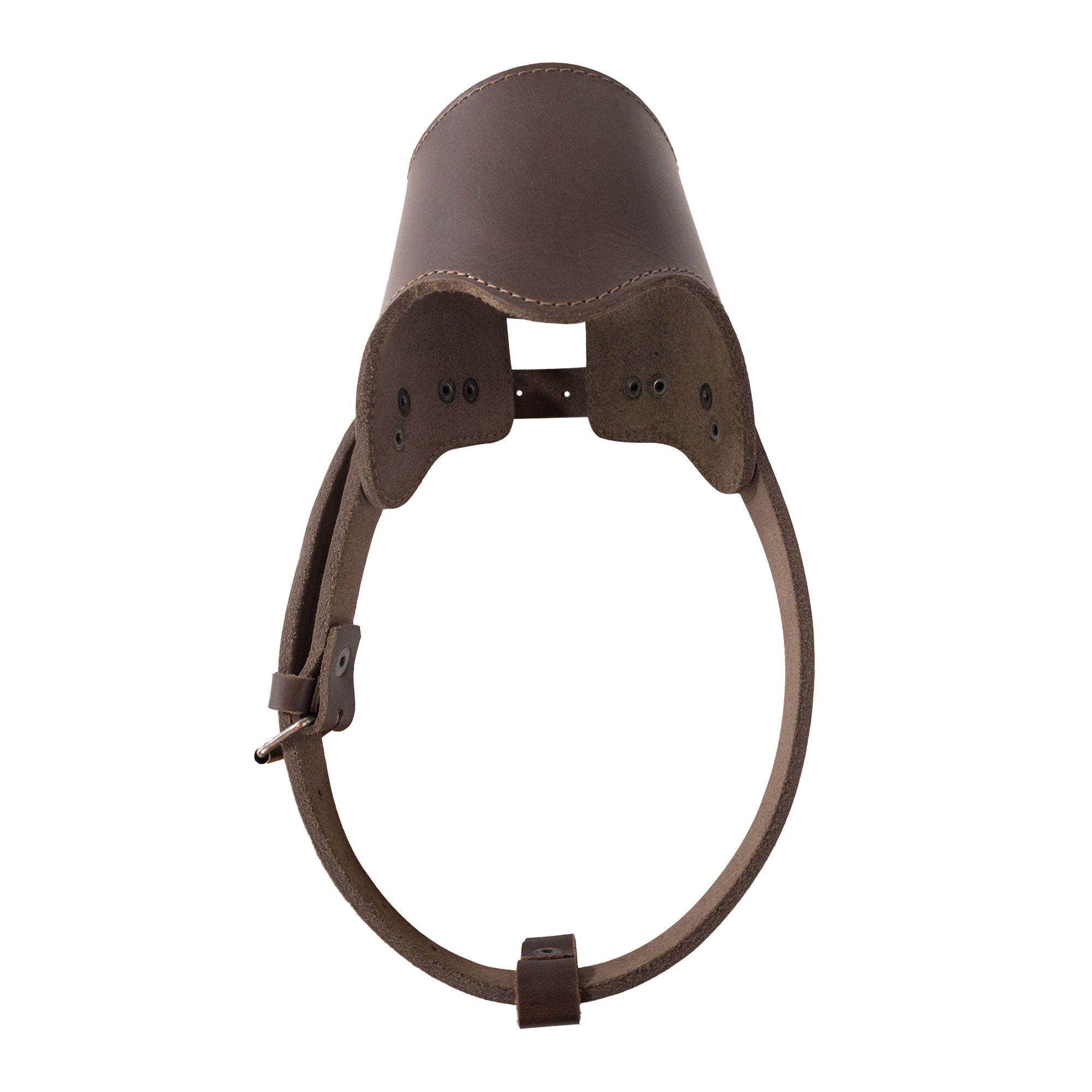 The Adjustable Dog Muzzle by Taco Dog displayed to show its robust yet comfortable design. Made from full grain leather in La Antigua Guatemala, this artisan muzzle is perfect for ensuring your dog’s safety while out.