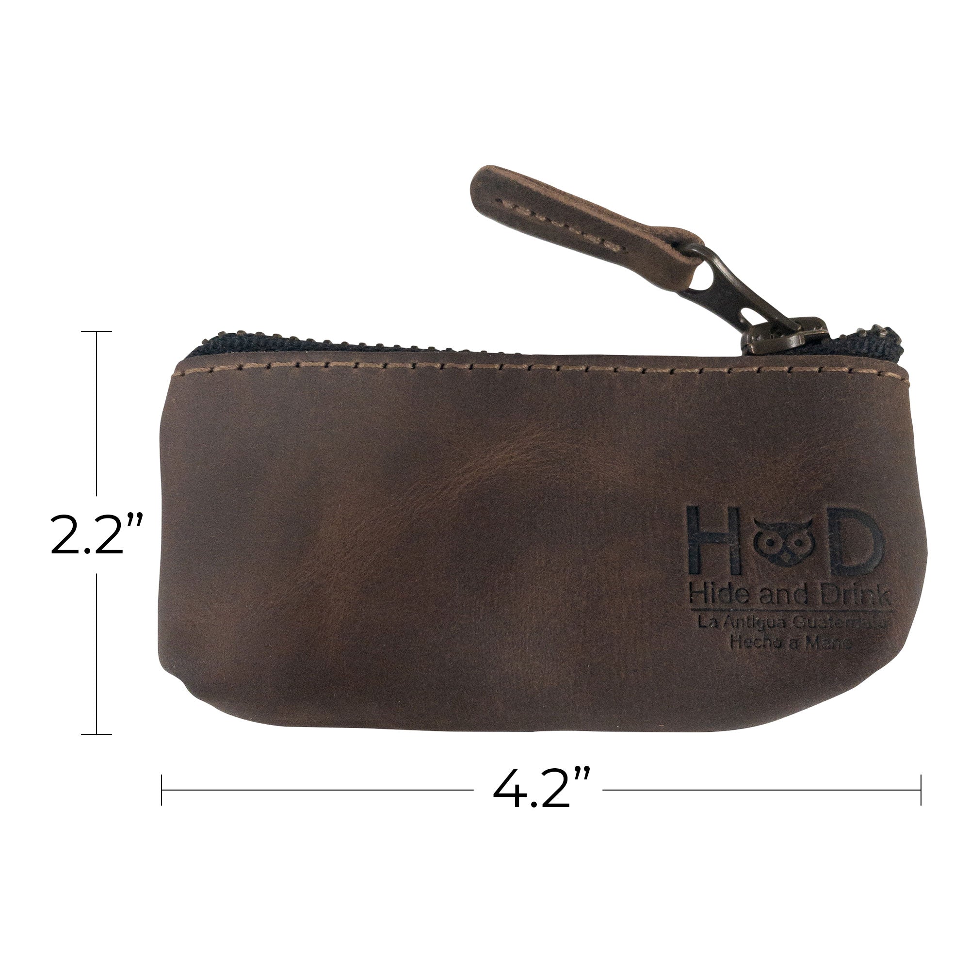 Hide & Drink Key Holder Zippered Pouch displaying its dimensions, perfect for carrying keys and coins. Ideal for use as a money purse or earphone holder, crafted with care in vintage style leather.