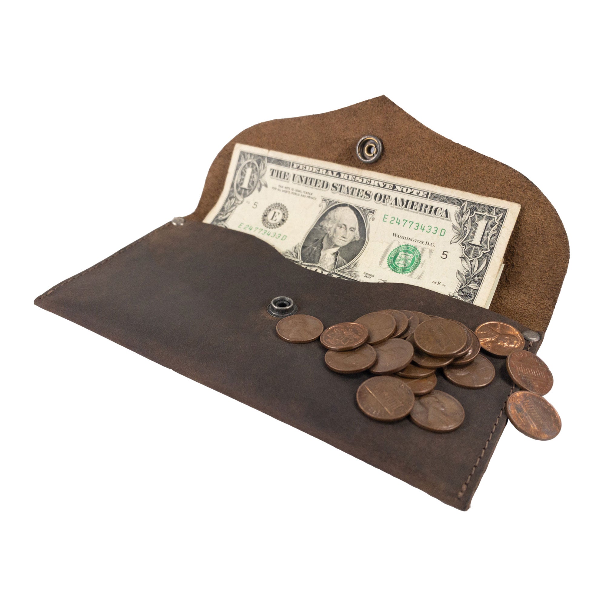 Side view of the Cash Pouch with Rivets by Hide & Drink displaying its functionality with cash and coins inside. This handmade wallet is a practical money organizer, perfect for daily use. Cash Pouch, Wallet, Money Organizer, Coin Case, Bill Holder, ID Case, StockyardX, Handmade, Full Grain Leather, Small Batch Production, Hand Cut, Hand Sewn, Fire Branded, Artisan, Handmade in La Antigua Guatemala & Oaxaca Mexico.