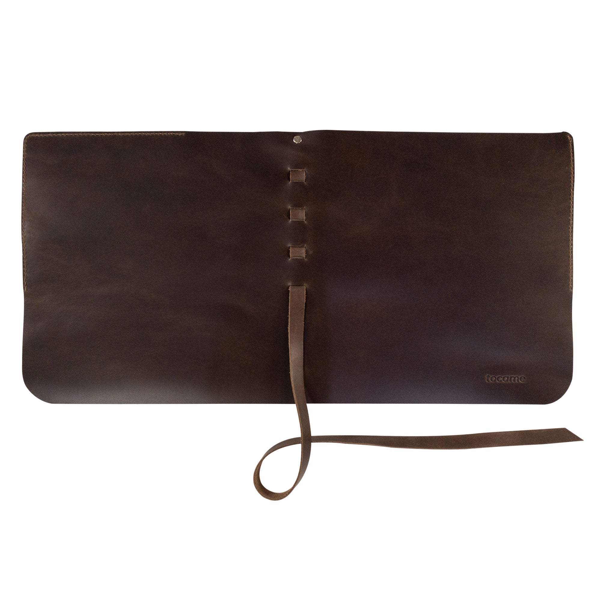 Flat layout of the Drum Stick Roll from tocame, measuring 18 inches long and 9 inches wide, designed to accommodate several drumsticks comfortably. The Full Grain Leather construction ensures longevity, making this drum stick case an essential accessory for drummers who value quality and craftsmanship.