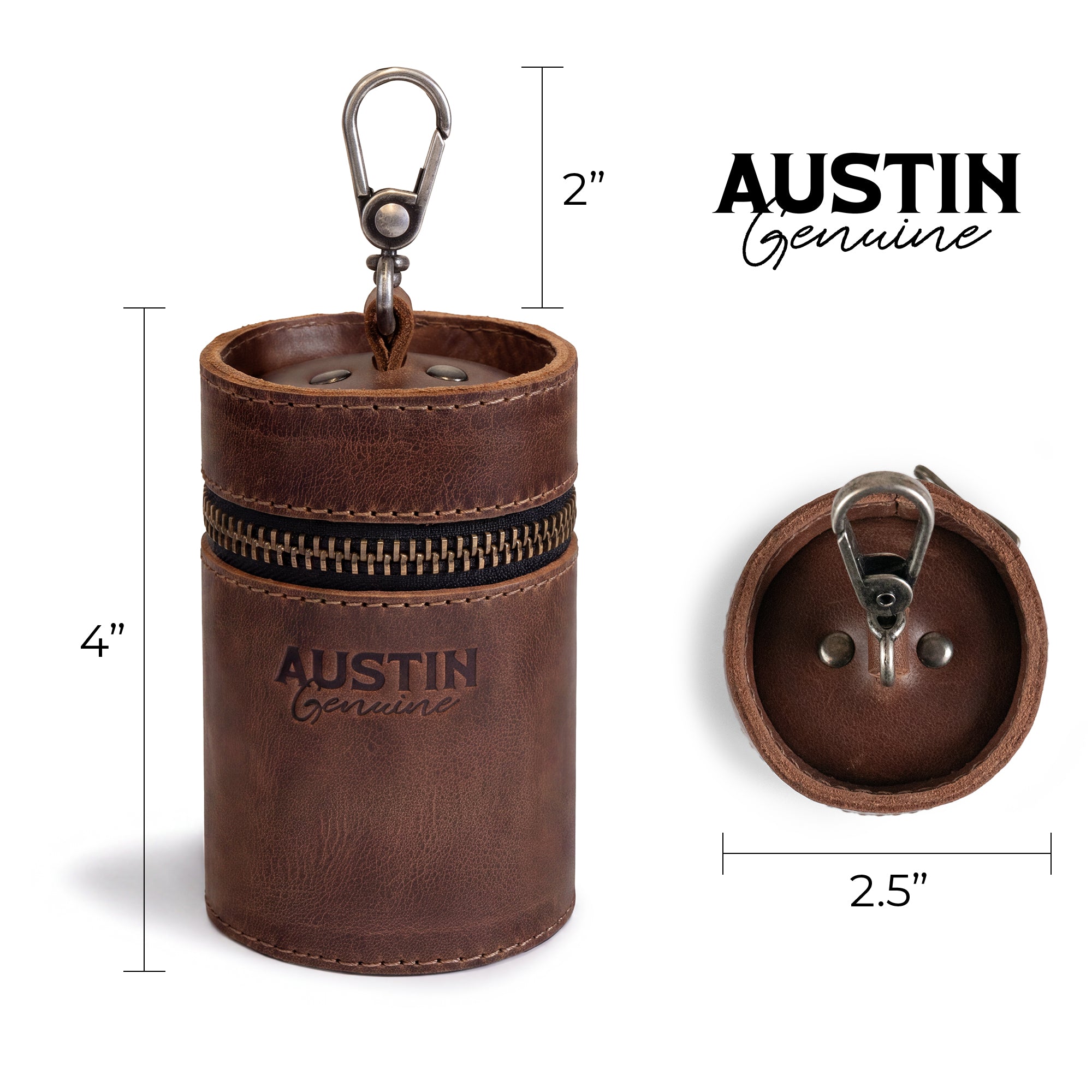 The Pease Mini Vanity Pouch by Austin Genuine, highlighting its dimensions alongside a contemporary design. This cylinder for coins acts as a money box and piggy bank, featuring full grain leather qualities, artisan craftsmanship, and small batch production, hand cut and hand sewn in La Antigua Guatemala & Oaxaca Mexico.