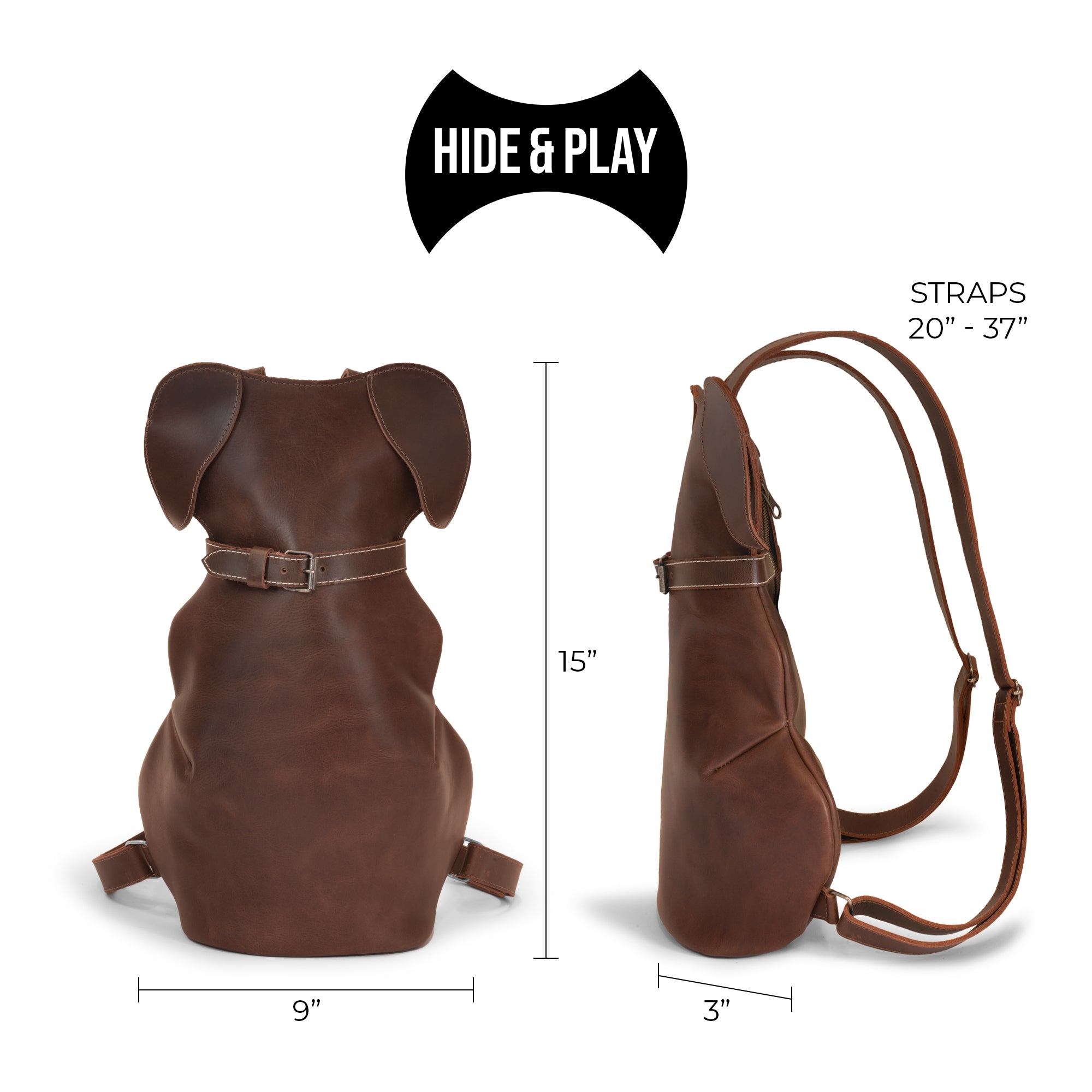 Dimensions of the Doggy-Shaped Backpack by Hide & Play, showing its size and adjustable straps. This fashionable Casual Daypack made from full grain leather serves as a practical travel accessory, embodying artisan craftsmanship with its small batch production and unique design.