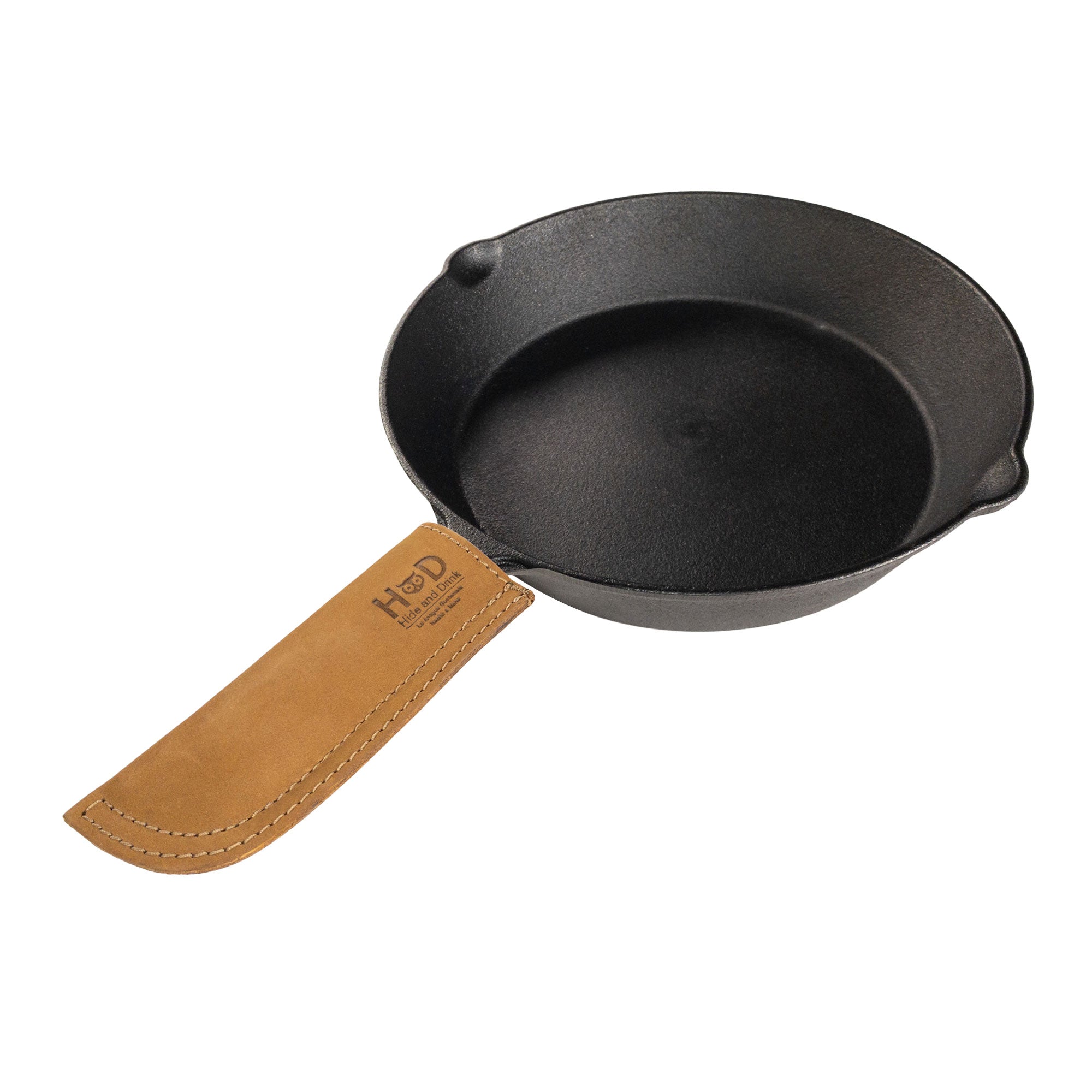 Hot Pan Handle Cover by Hide & Drink, highlighting the durability and heat resistance of handmade full grain leather products, ideal for frying pans, crafted in La Antigua Guatemala & Oaxaca Mexico.