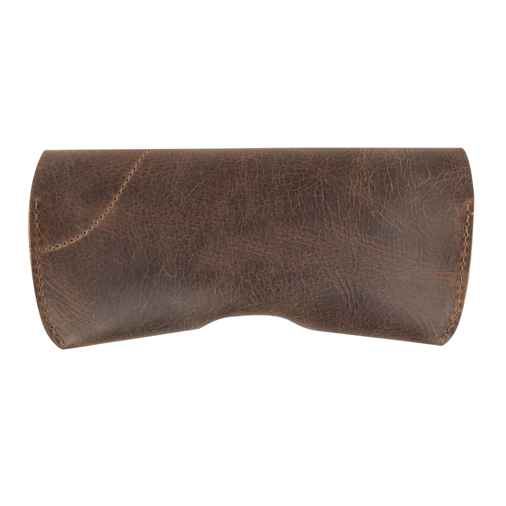 Exterior view of Heather's Eyeglasses Case highlighting its durable and rustic finish. This full grain leather piece is a smart choice for those looking for a safe eyewear protector crafted with care in Guatemala.