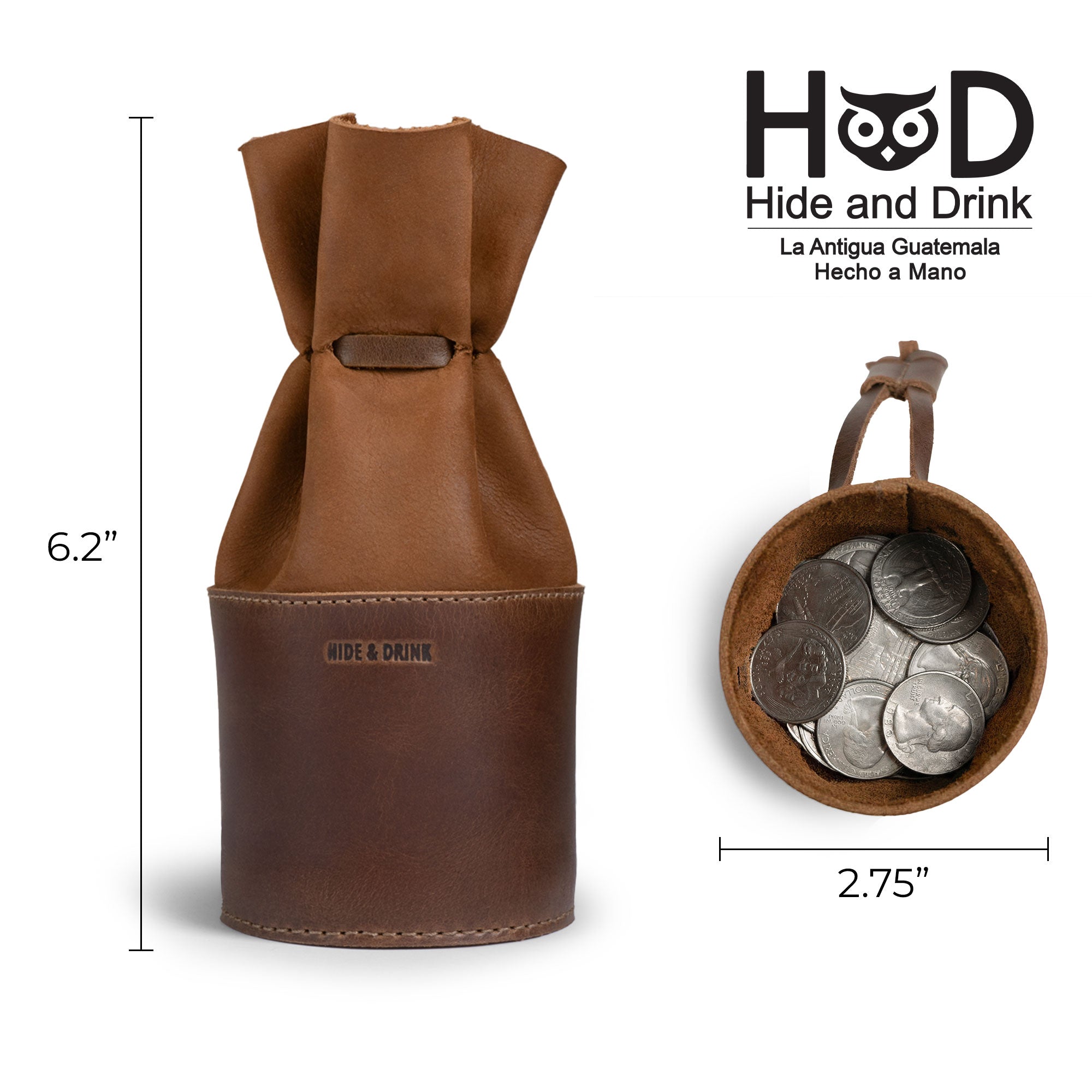 Showcasing the dimensions of the Medieval Bucket Coin Release by Hide & Drink, this full grain leather coin pouch stands at 6.2 inches tall and 2.75 inches in diameter. A perfect medieval money box, this cash organizer and piggy bank bucket is intricately hand cut and sewn by artisans in La Antigua Guatemala & Oaxaca Mexico.