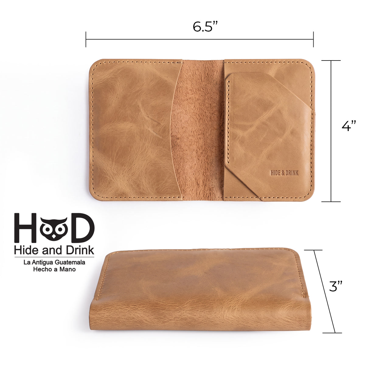 Open view of the Bi-Fold Card Wallet Diagonal by Hide & Drink in brown, highlighting its premium leather and organization features for cards and bills.