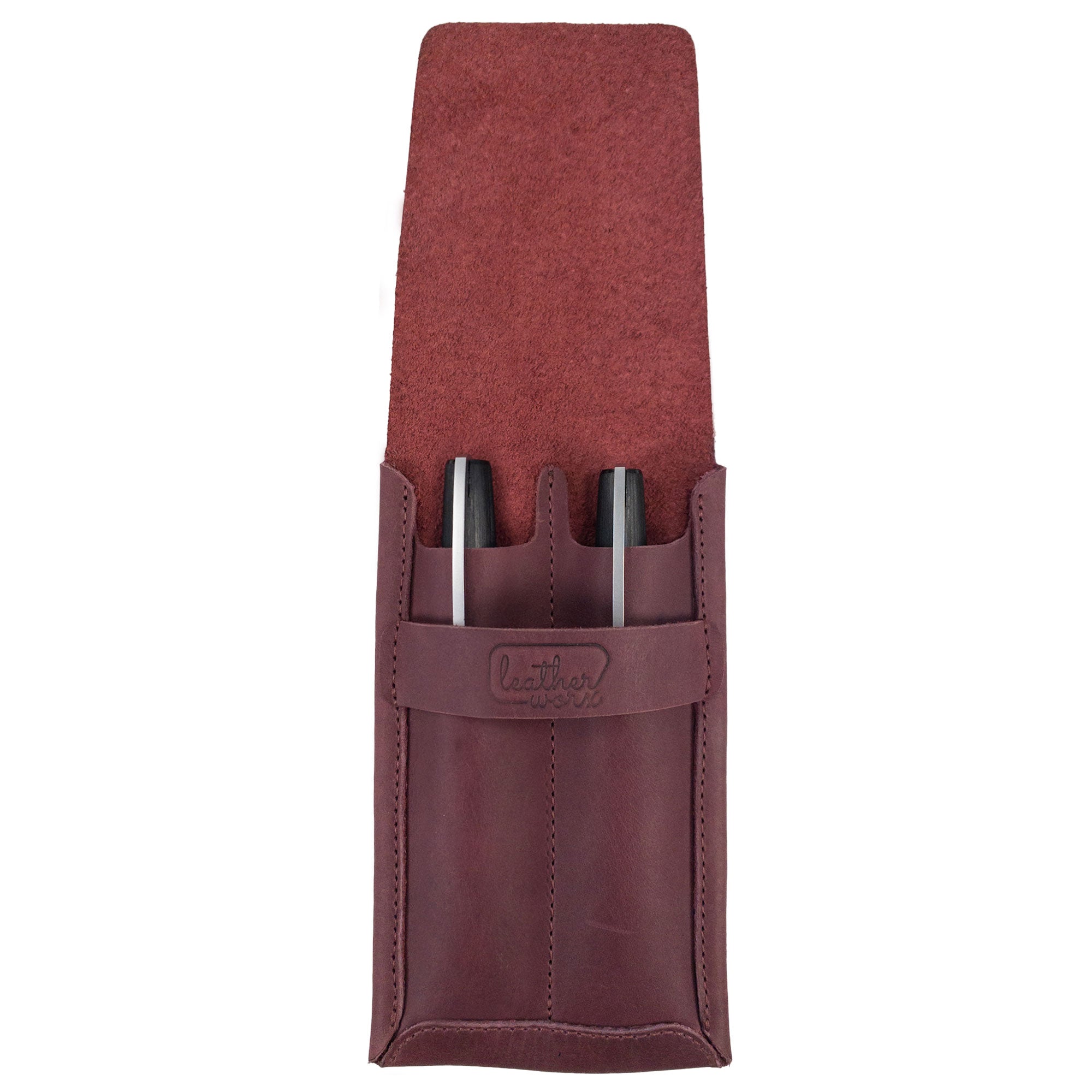 The Double Pen Case from Leather Worx beautifully displays its craftsmanship in Full Grain Leather, perfect for any pen enthusiast. This artisan piece is handmade in La Antigua Guatemala & Oaxaca Mexico, featuring hand cut and hand sewn elements, and is celebrated for its small batch production.