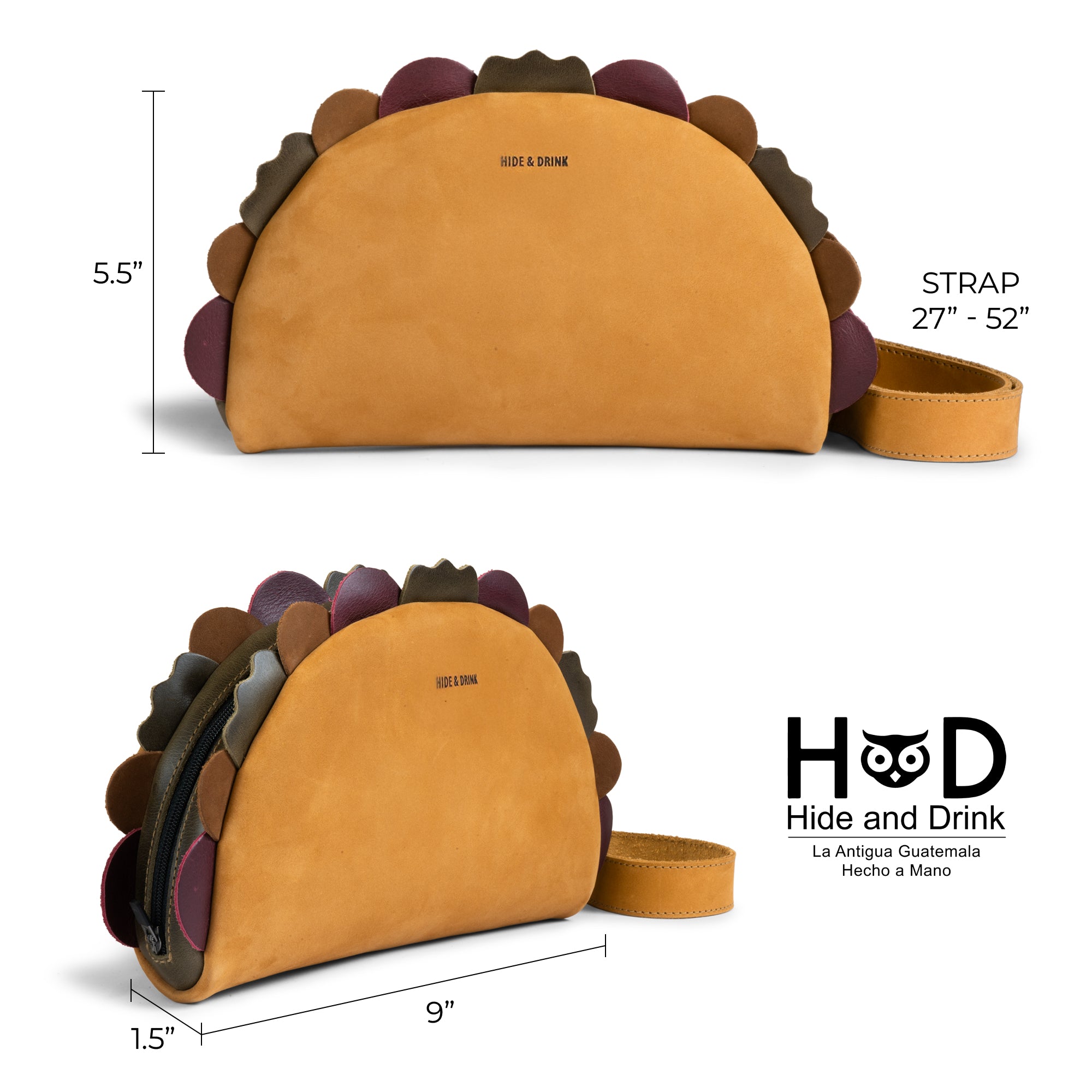 Detailed measurements of the Taco-Shaped Crossbody Bag by Hide & Drink, highlighting its dimensions and adjustable strap. This Leather Taco-Shaped Crossbody Bag with Adjustable Shoulder Strap is perfect for any outing, serving both as a satchel and functional travel backpack. Each bag is handcrafted, emphasizing the significance of small batch production in Oaxaca & La Antigua Guatemala.