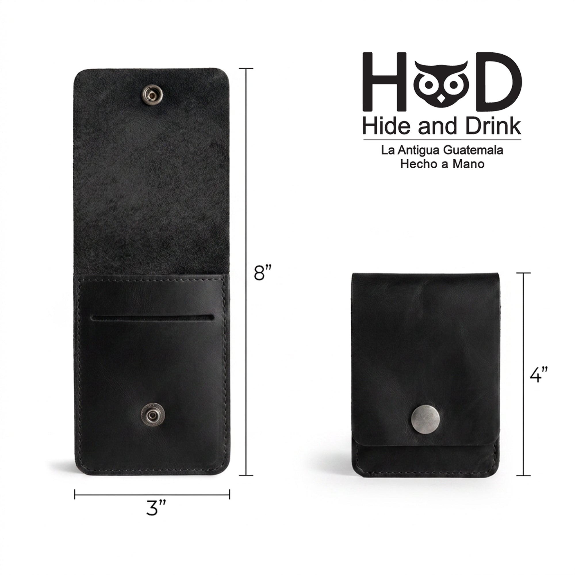 Dimensions of the black Vertical Wallet by Hide & Drink, demonstrating its front pocket suitability. This Vertical Front Pocket Wallet with Card Slot provides compact storage for bills alongside card holding capability, made from premium full grain leather through small batch production techniques, with hand cut and hand sewn touches, fire branded for quality. Handmade in La Antigua Guatemala & Oaxaca Mexico.