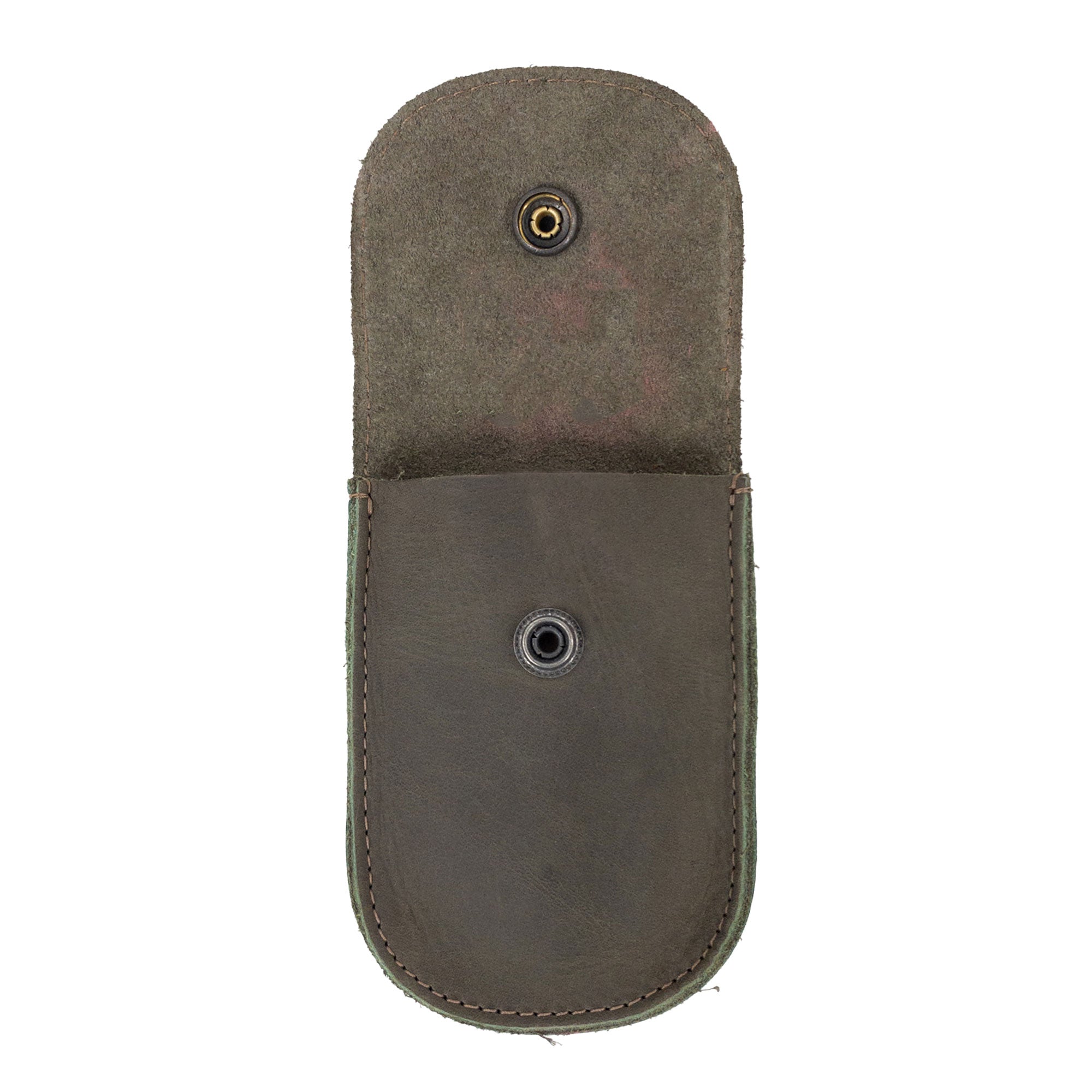Front view of the Olive Green Holster Pouch by Hide & Drink alongside branding materials, showcasing its impressive craftsmanship. This durable full grain leather pouch is ideal for organizing small personal items.