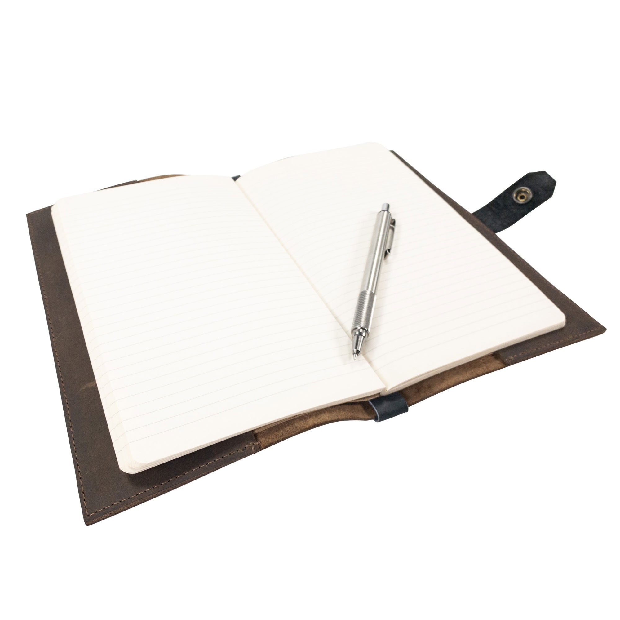 Showcasing dimensions of Hide & Drink's Riveted Field Note Cover for Moleskine (5 x 8.25 in.) Notebook NOT Included, featuring premium leather details. This handmade item reflects the exceptional quality of artisan skills from La Antigua Guatemala & Oaxaca, Mexico.