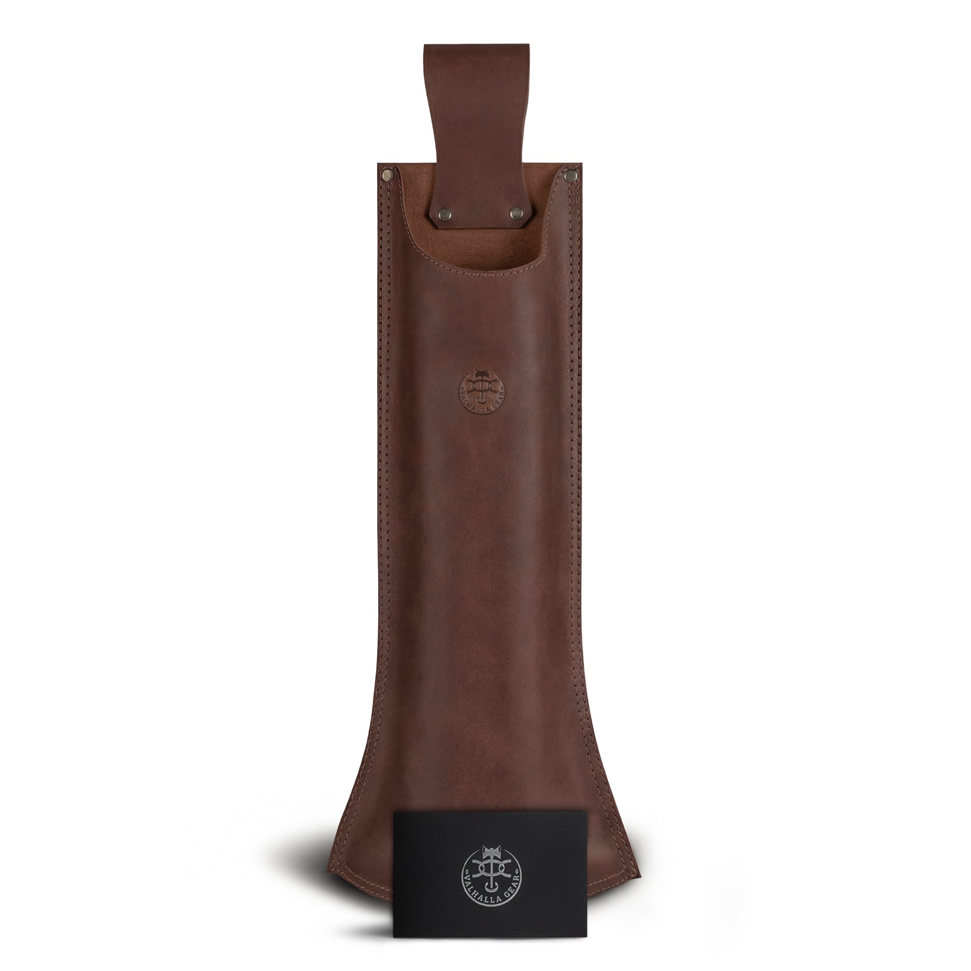 Showcasing the back view of Valhalla Gear's The Fletcher, Hip Bolt Quiver alongside its logo, this full grain leather quiver highlights the quality of craftsmanship involved in its production. An ideal archery accessory for bolts, it fits seamlessly into any hunter's equipment collection. With hand cut and hand sewn details, it's a unique addition to any archery kit, representing quality craftsmanship from La Antigua Guatemala.
