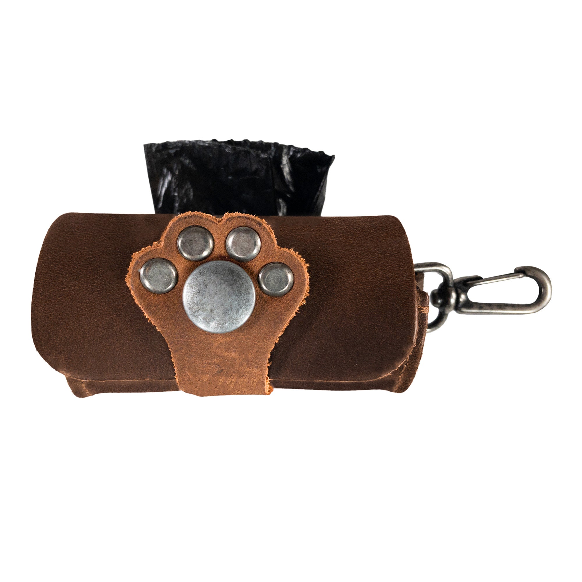 Another view of the Taco Dog Paw Poop Bag Pouch showing its clever design and practical features. This full grain leather accessory is perfect for attaching to dog leashes, making walks easier. Crafted by artisans in La Antigua Guatemala, combining durability with style.