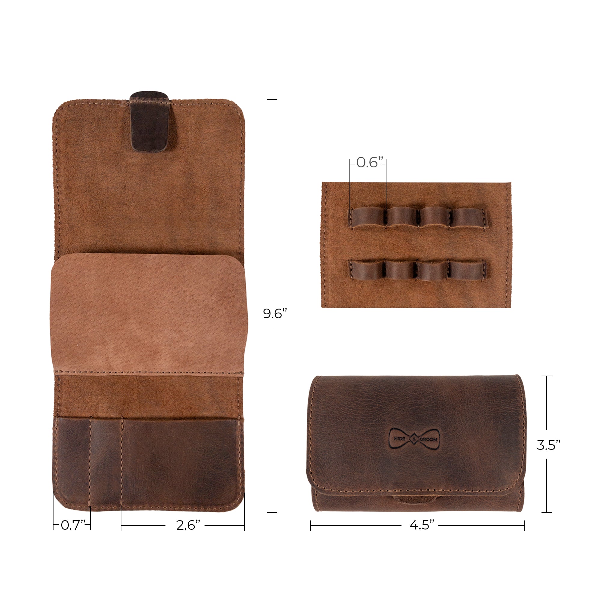 Product packaging for the Rustic Case for Groomsmen Accessories by Hide & Groom, displaying artisan details and the unique heritage of craftsmanship from La Antigua Guatemala. This full grain leather travel bag is perfect for groomsmen, featuring handmade elements.