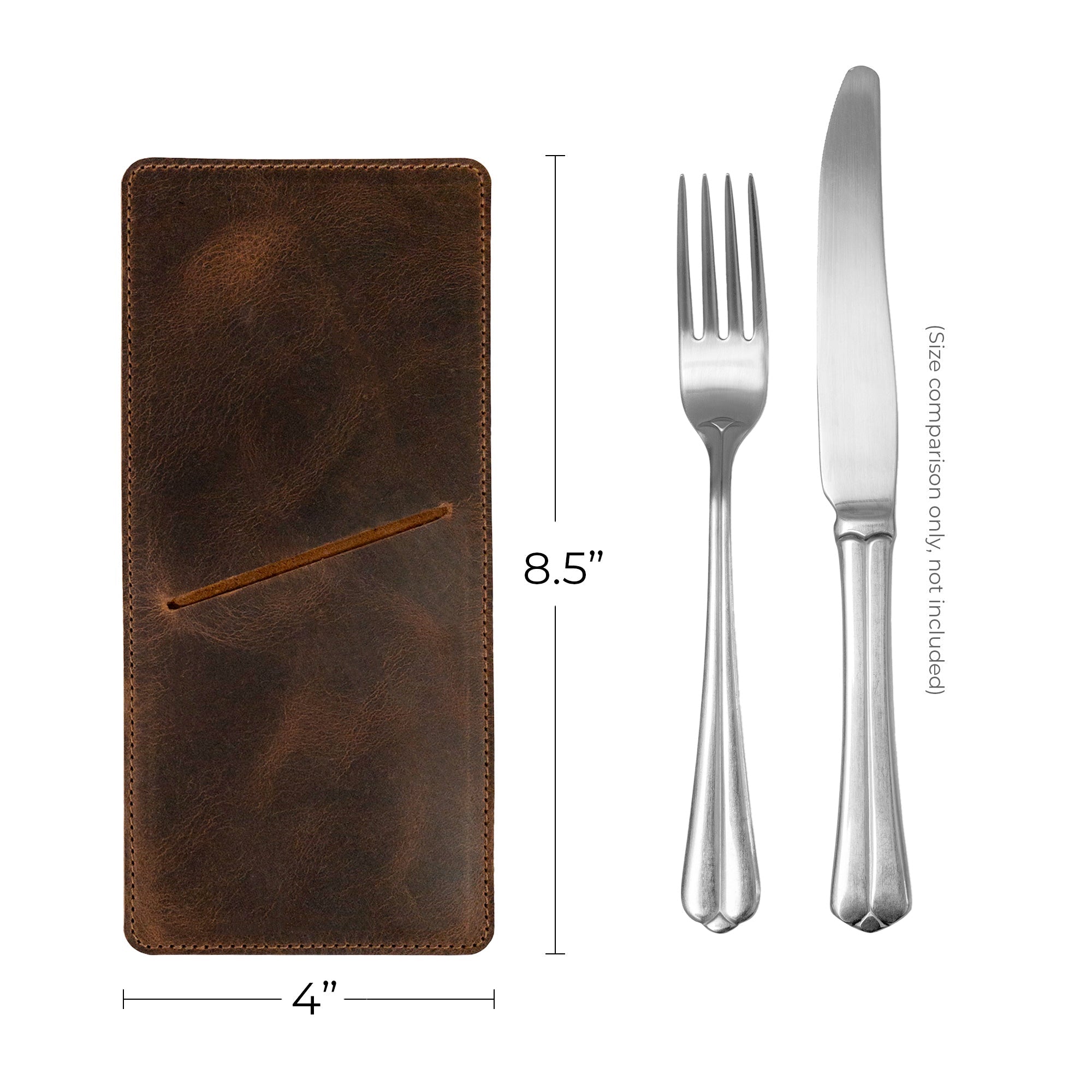 Dimensions of the Set of 2 Rectangular Sleeves for Cutlery by Cast Leather Co. highlighted against silverware, illustrating practicality and style for marking any dining occasion. Made from full grain leather, these handcrafted pieces exemplify small batch production and artisan techniques from La Antigua Guatemala & Oaxaca Mexico.
