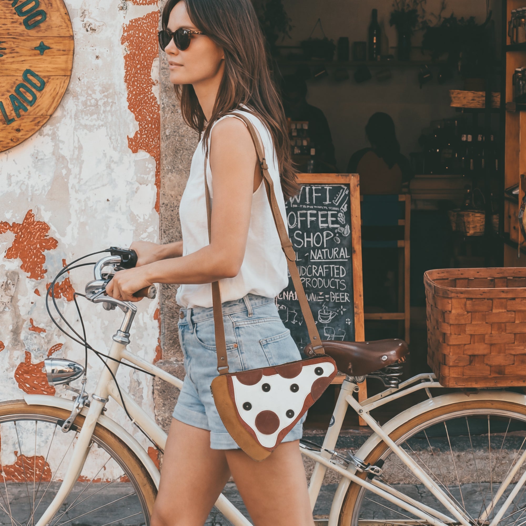 A model holding a Pizza Slice-Shaped Shoulder Bag from Tudi Frudi while enjoying a slice of pizza. The bag, designed in Full Grain Leather, highlights the artisan craftsmanship of small batch production and hand sewing, making it a perfect crossbody accessory.