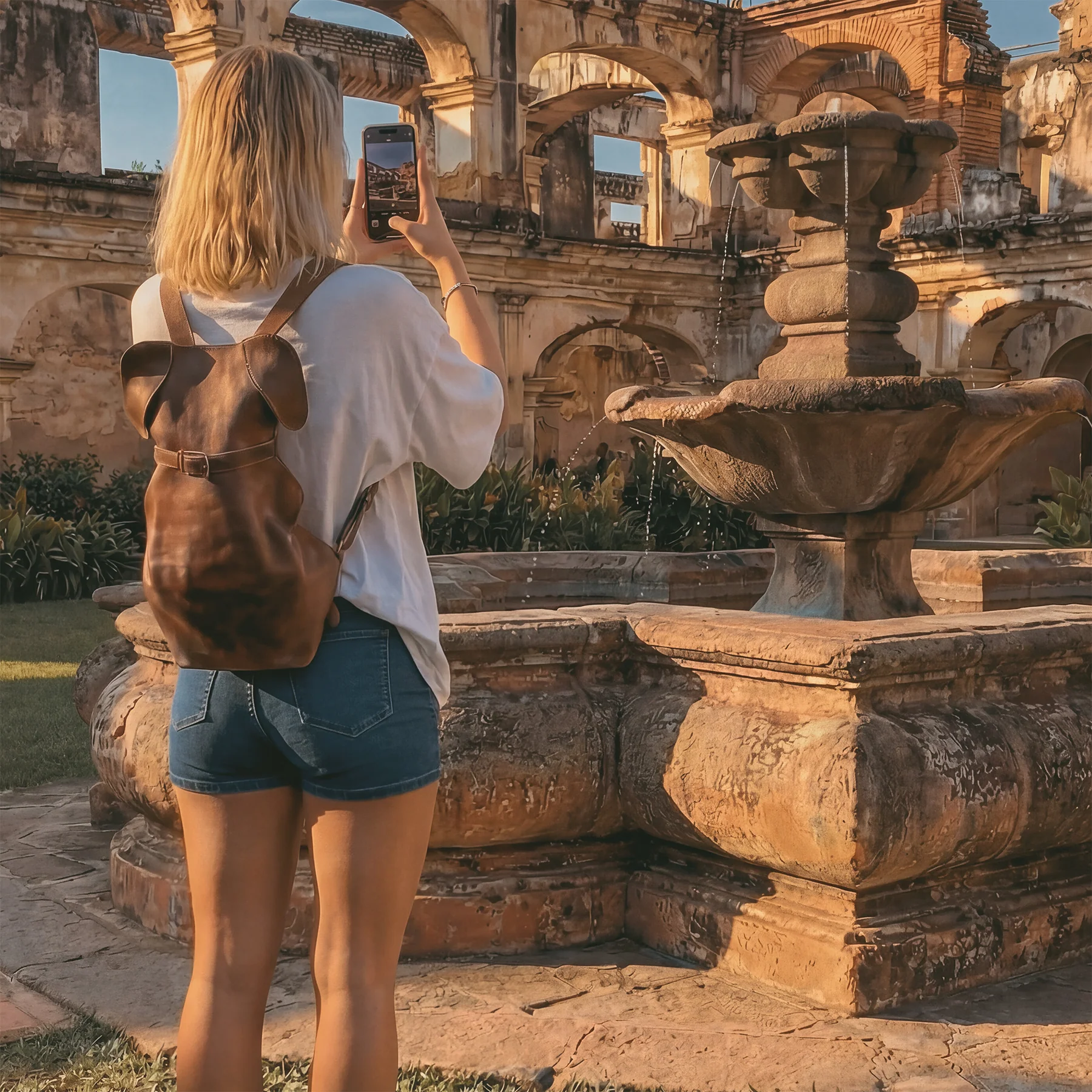 A person using the Doggy-Shaped Backpack by Hide & Play in a picturesque outdoor setting. This puppy carry pack with adjustable shoulder straps is the ideal fun carryall for pet lovers, combining style and function with its handmade quality from La Antigua Guatemala & Oaxaca Mexico.