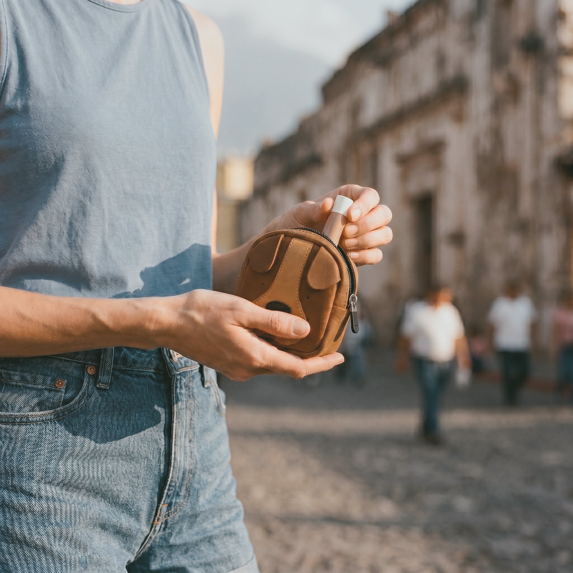 The Pouty Pup Mini Pack by Hide & Drink is stylishly held in hand, showcasing its compact design as a fun mini wallet or cable pouch. This top-quality piece is crafted by skilled artisans in La Antigua Guatemala and Oaxaca Mexico, emphasizing handmade tradition.