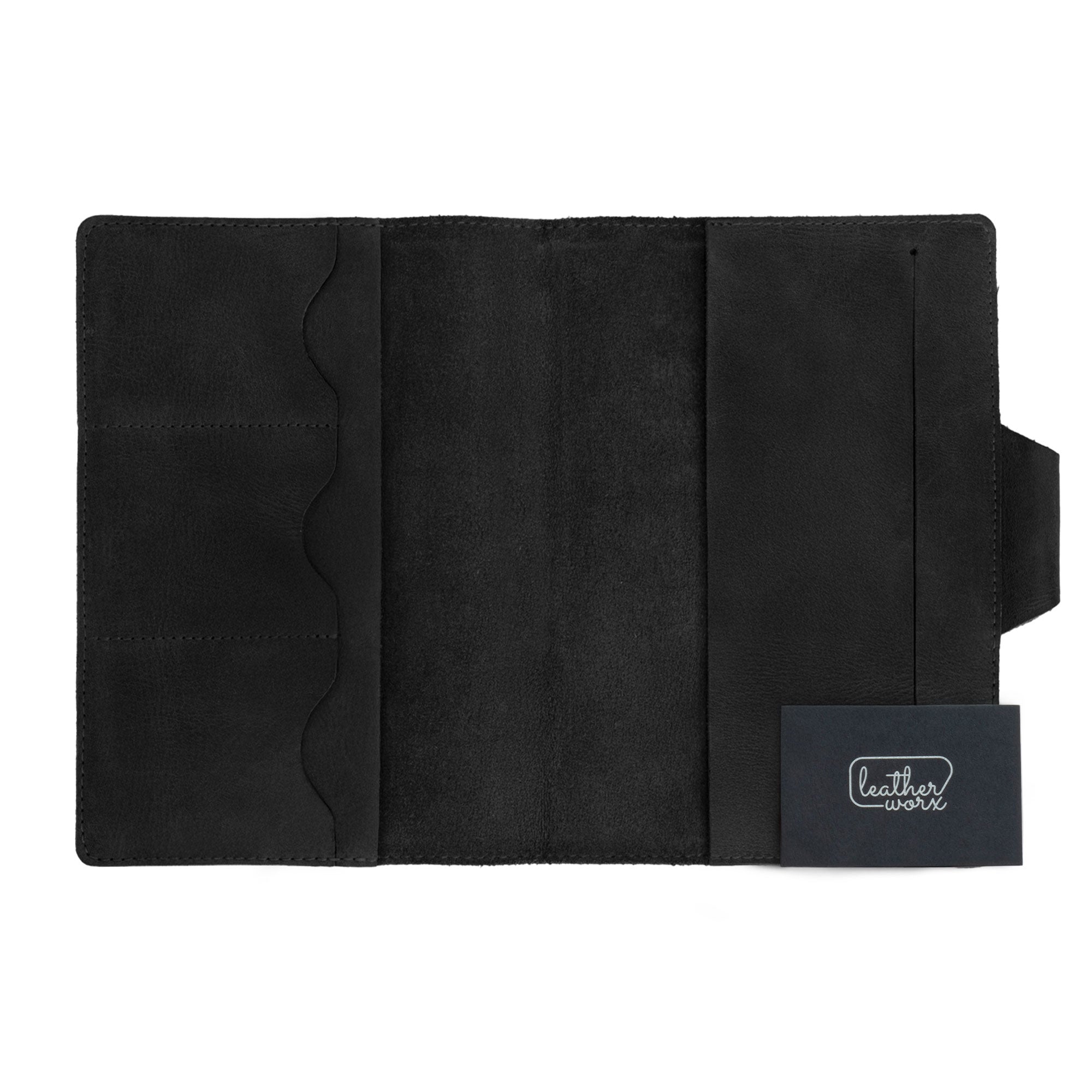 A5 Notebook Cover with Card Slots by Leather Worx, showcasing the brand emblem and interior layout. This rustic cover for Leuchtturm A5 Notebook with Card Slots (Notebook Not Included) combines minimalist elegance with high-quality full grain leather. StockyardX, small batch production, hand cut, hand sewn, fire branded, and artisan-made in La Antigua Guatemala.