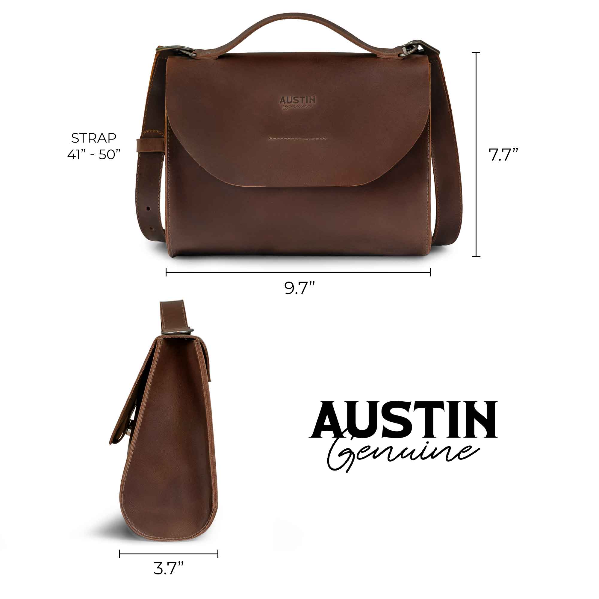 Dimensions of The Burnet Crossbody by Austin Genuine, illustrating its stylish yet practical full grain leather composition. This artisan purse showcases small batch production with hand cut, hand sewn features, made in La Antigua Guatemala & Oaxaca Mexico.