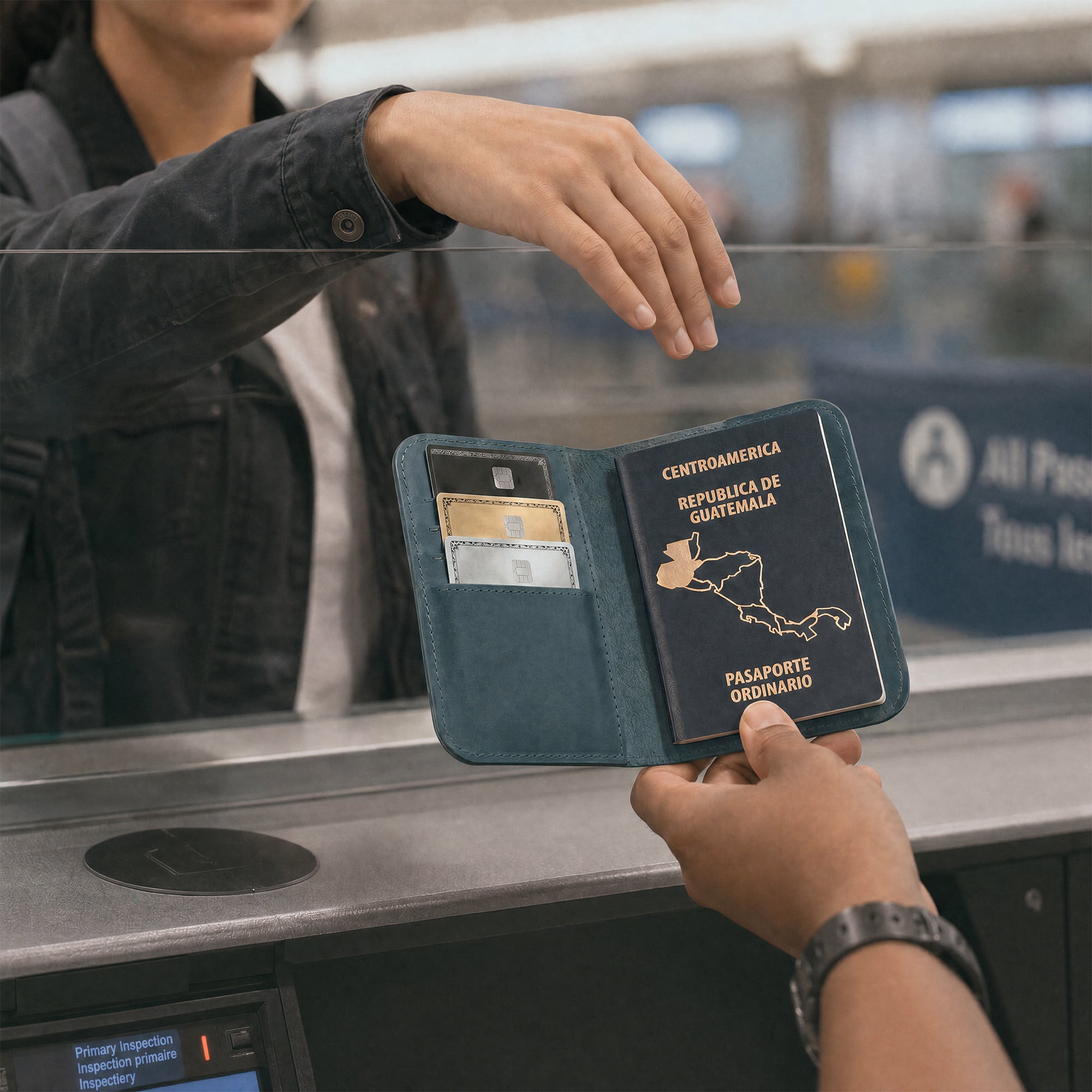 Inside layout of the Hide & Drink Travel Wallet with detailed view of pockets for cards and cash. This travel wallet serves as a multifunctional bifold passport case, artisan-crafted in La Antigua Guatemala.