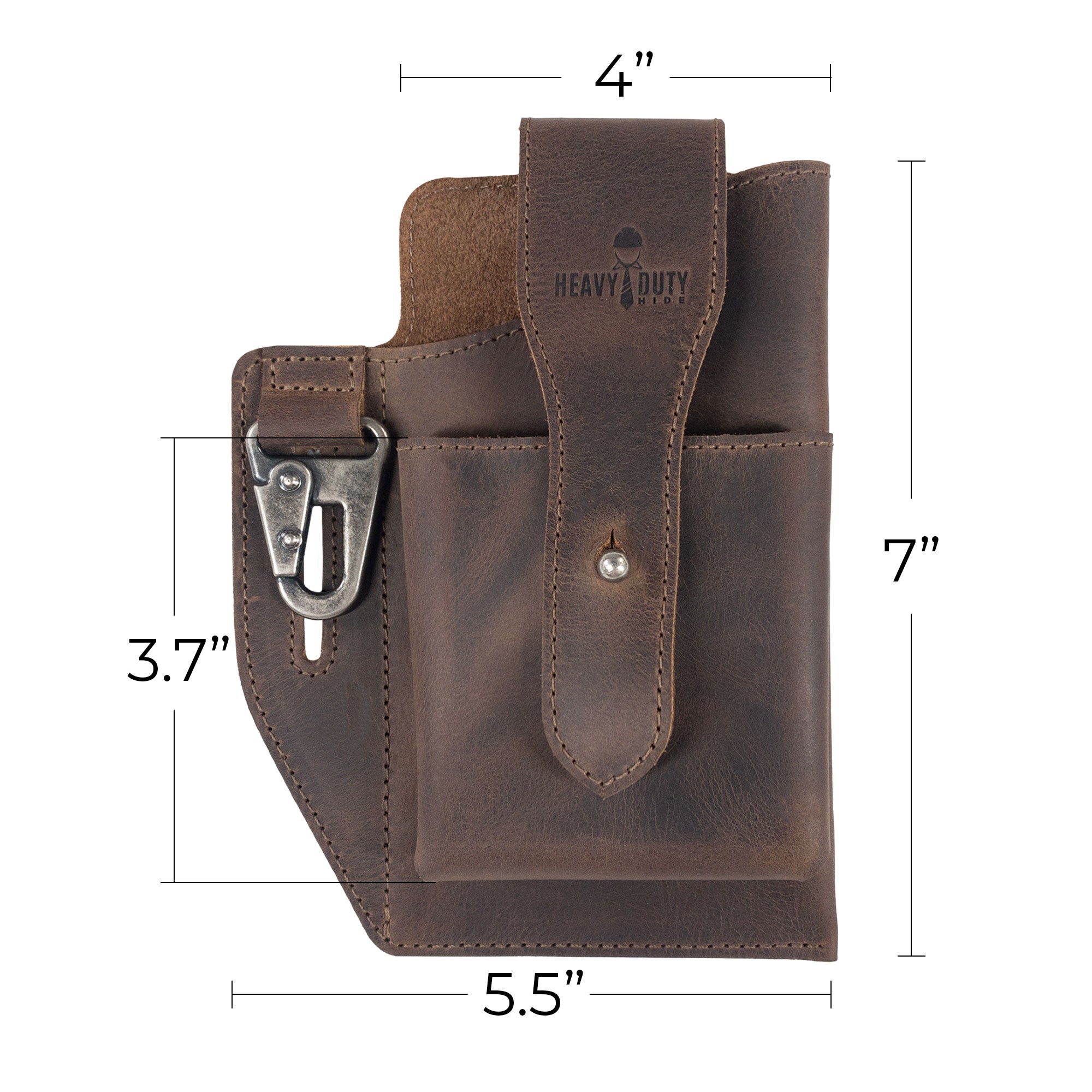Measurement details of the Heavy Duty Hide Rustic Phone & Cigarette Pack Holder. This tactical organizer made from full grain leather is perfect for outdoor use, displaying artisan craftsmanship through hand-cut and hand-sewn production in La Antigua Guatemala & Oaxaca Mexico.