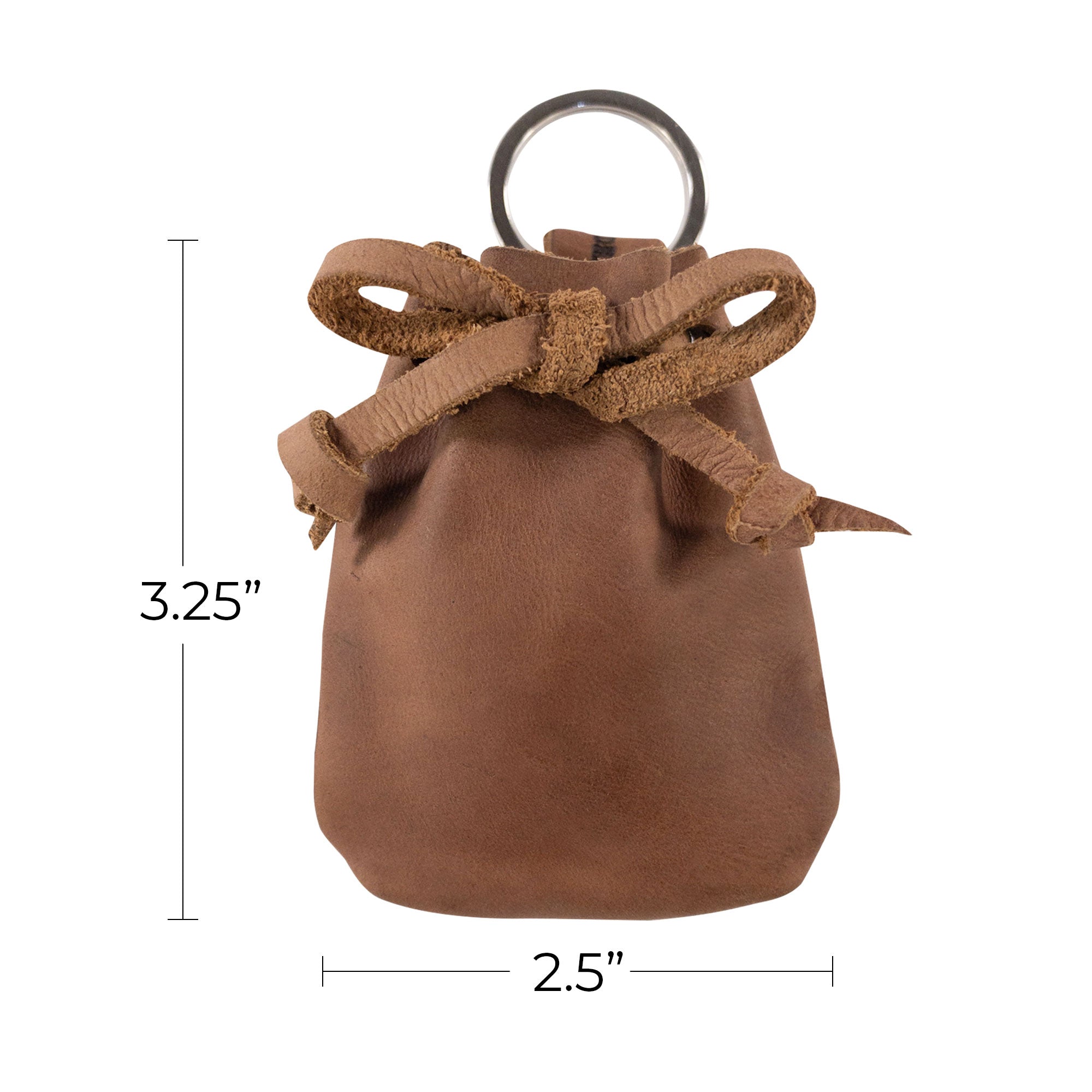 A package containing the Mini Medieval Pouch Keychain by Hide & Drink, featuring its brown leather finish. This tiny bag with keyring serves as a fantastic coin organizer while showcasing the unique artistry of small batch production from La Antigua Guatemala.