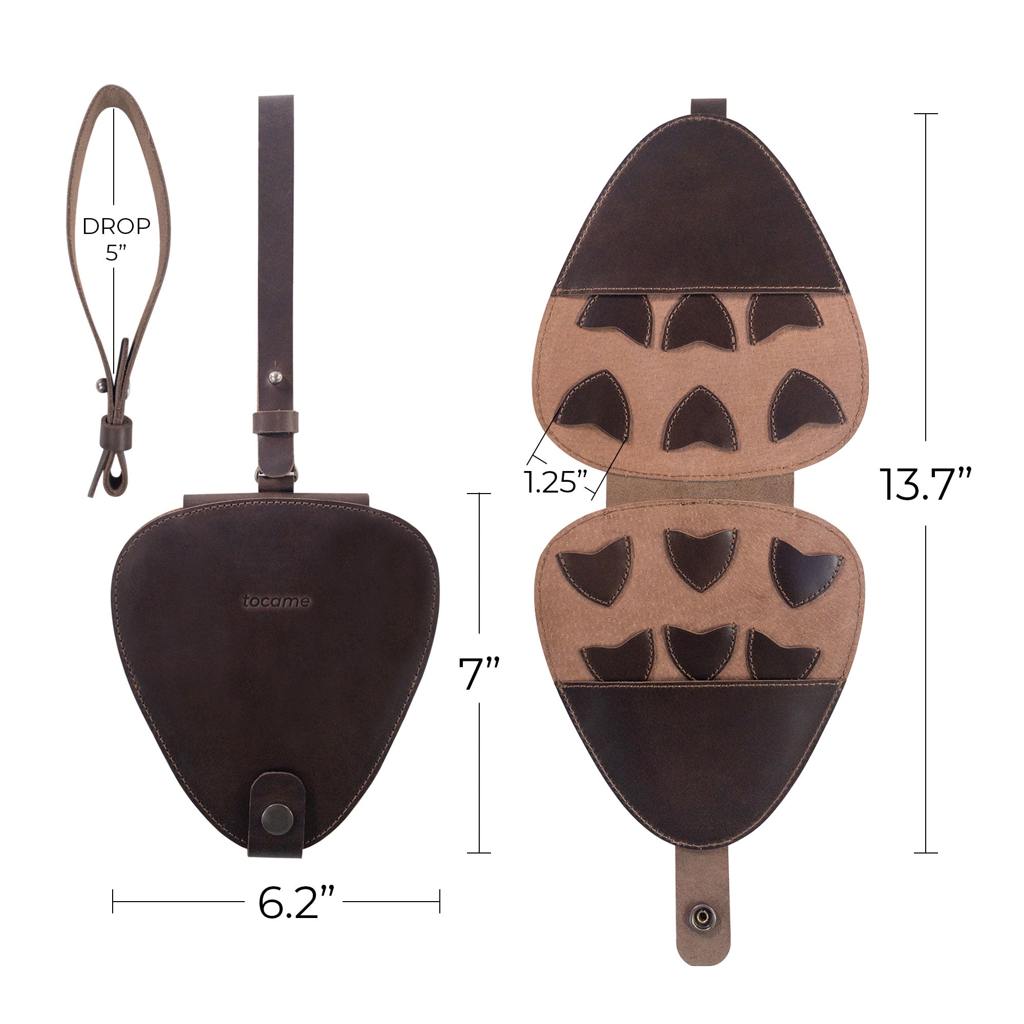 Guitar Pick Case (Guitar Picks Not Included) by tocame, showcasing dimensions of the Guitar Pick Case with 12 Slots. Made from Full Grain Leather, this Guitar Pick Holder is ideal for guitarists. It features small batch production, with hand cut and hand sewn craftsmanship, fire branded, and is handmade in La Antigua Guatemala & Oaxaca Mexico.