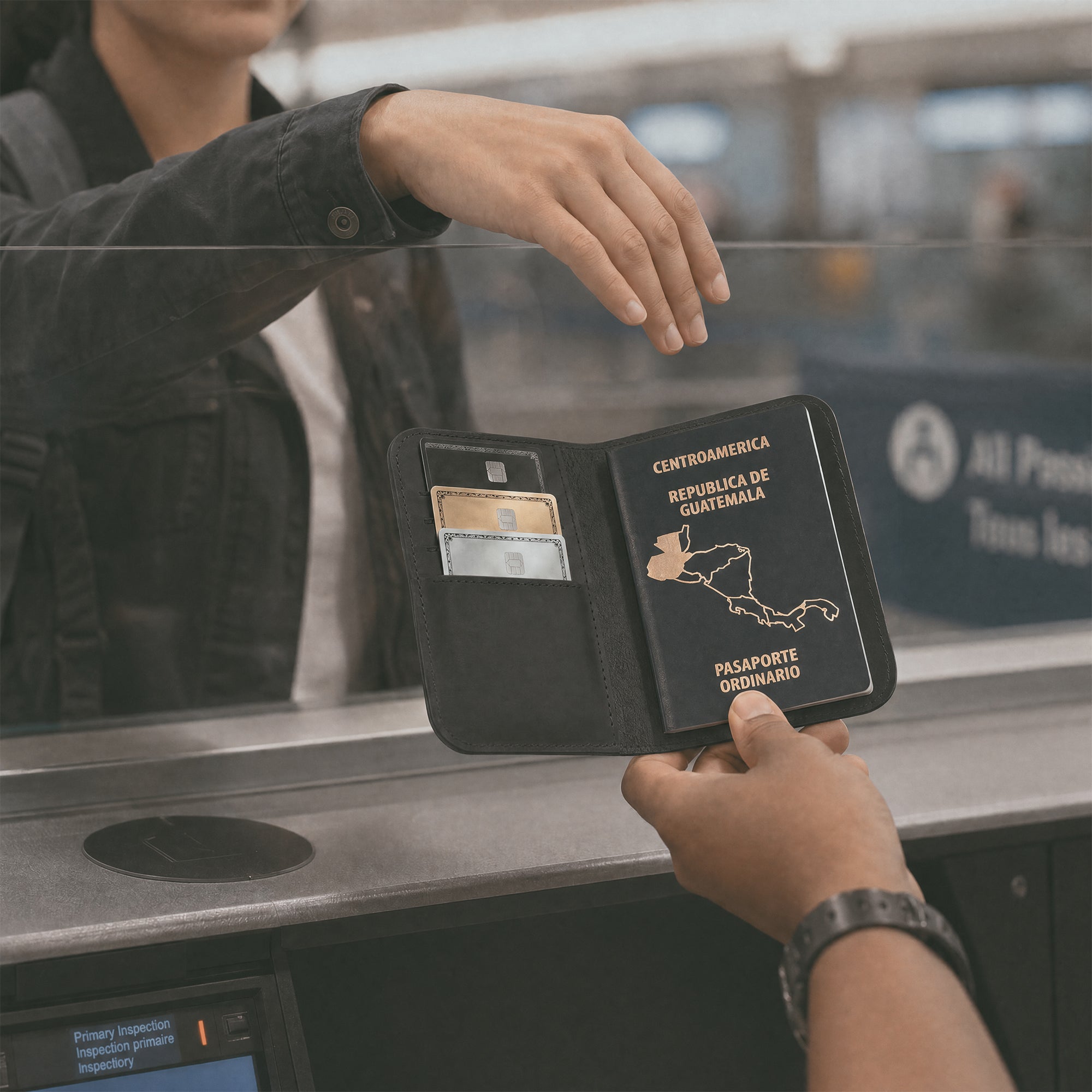 Inside view of the Hide & Drink Travel Wallet, featuring practical slots for cards and cash. This travel wallet acts as a stylish bifold passport case, artisan-made in La Antigua Guatemala.