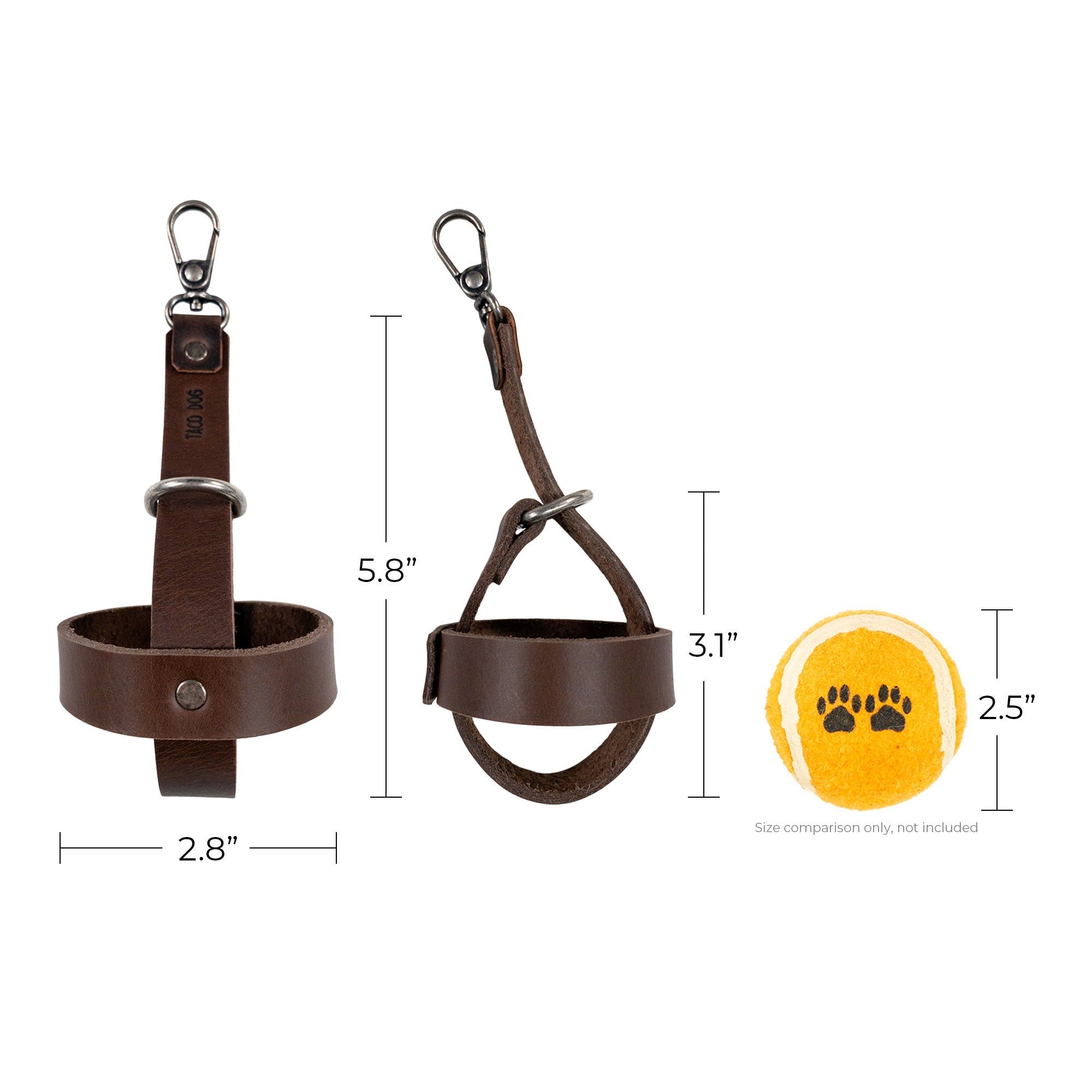 Measurement illustration of the Taco Dog Dog Ball Holder alongside a plush pet ball, showcasing its perfect dimensions. This effective Leash Attachment Case doubles as an innovative Chasing Pet Toy Storage solution made from Full Grain Leather, highlighting the Artisan craftsmanship and Handmade quality from La Antigua Guatemala.