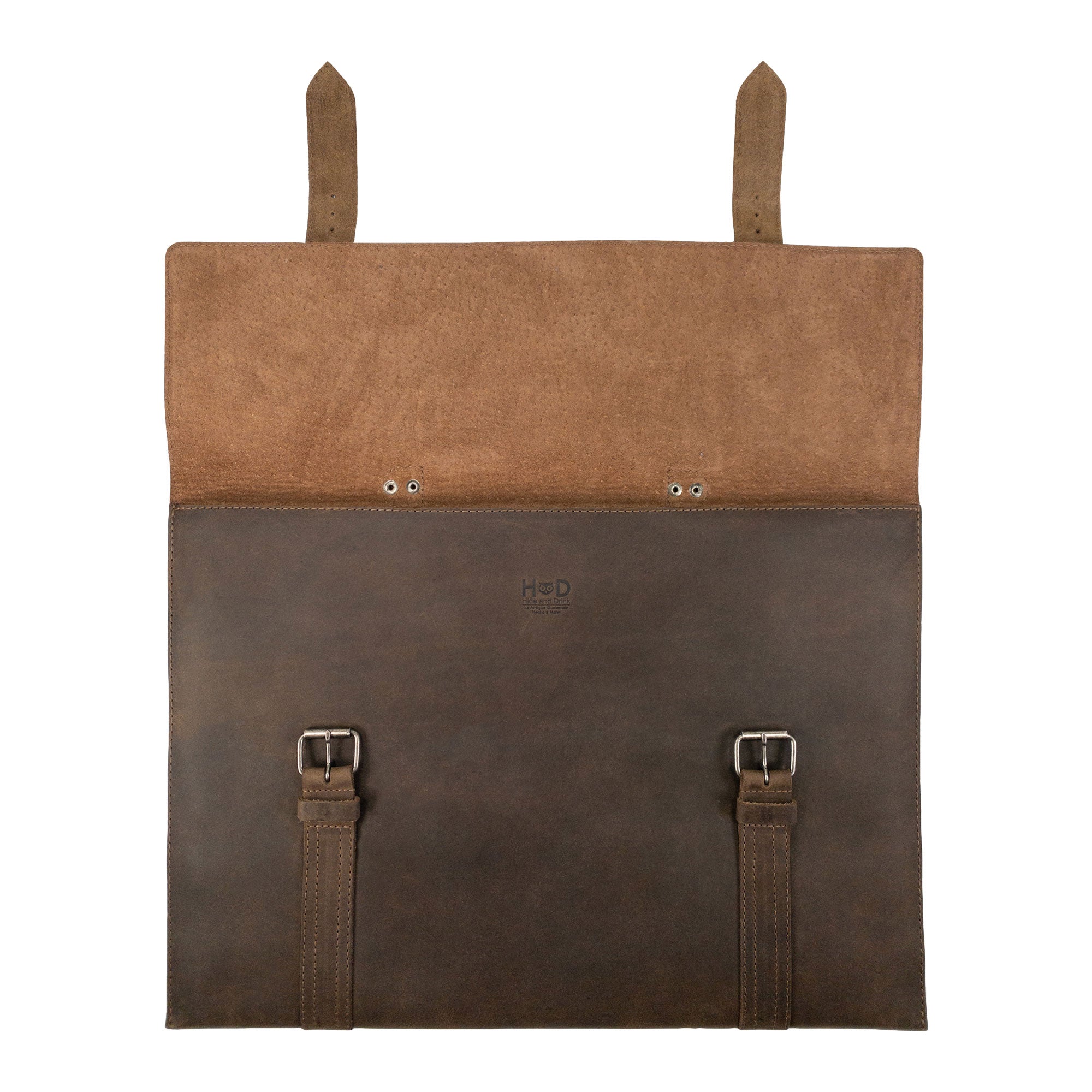 Interior of the Hide & Drink Portable Laptop Case showing quality leather finish and functional design, crafted in small batches with fine hand stitching and a focus on durable, artisanal quality.