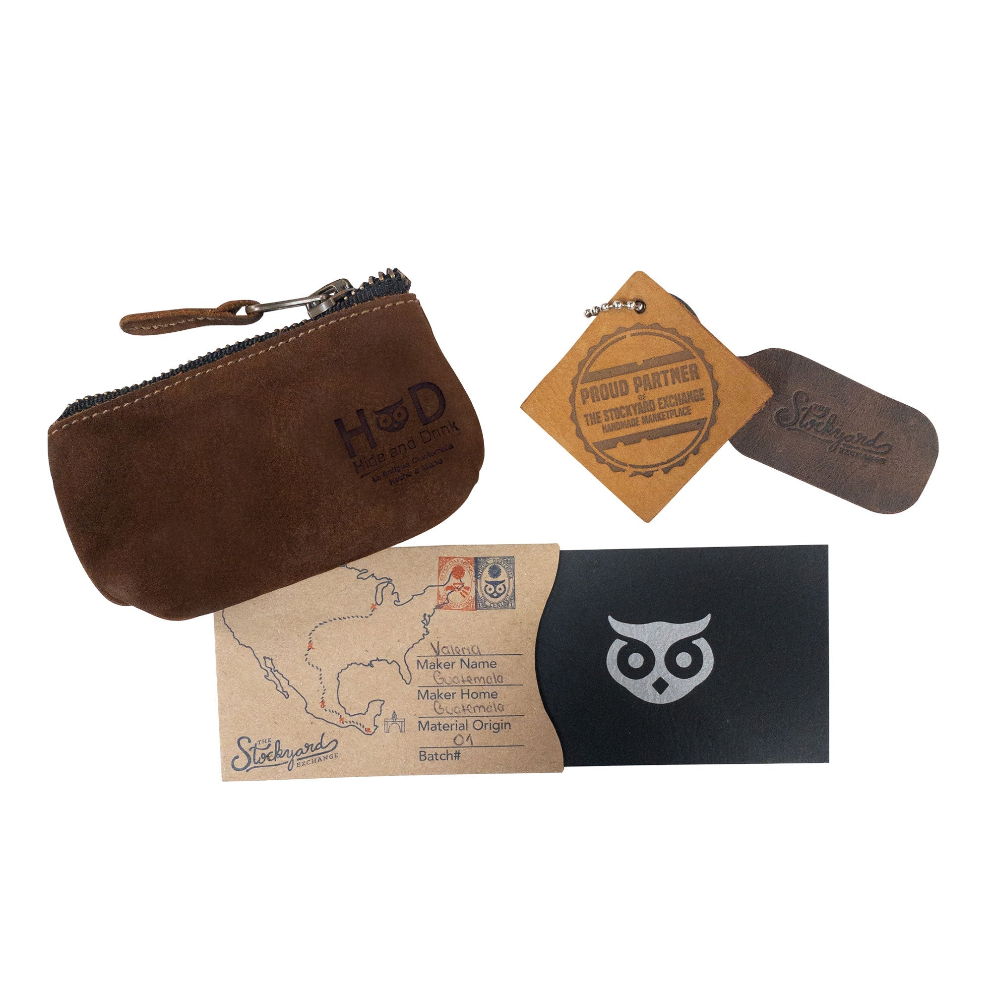 Hide & Drink Key Holder Zippered Pouch side view emphasizing its handcrafted quality. Perfect for organizing keys or as a vintage style money purse, made with care in La Antigua Guatemala & Oaxaca Mexico.