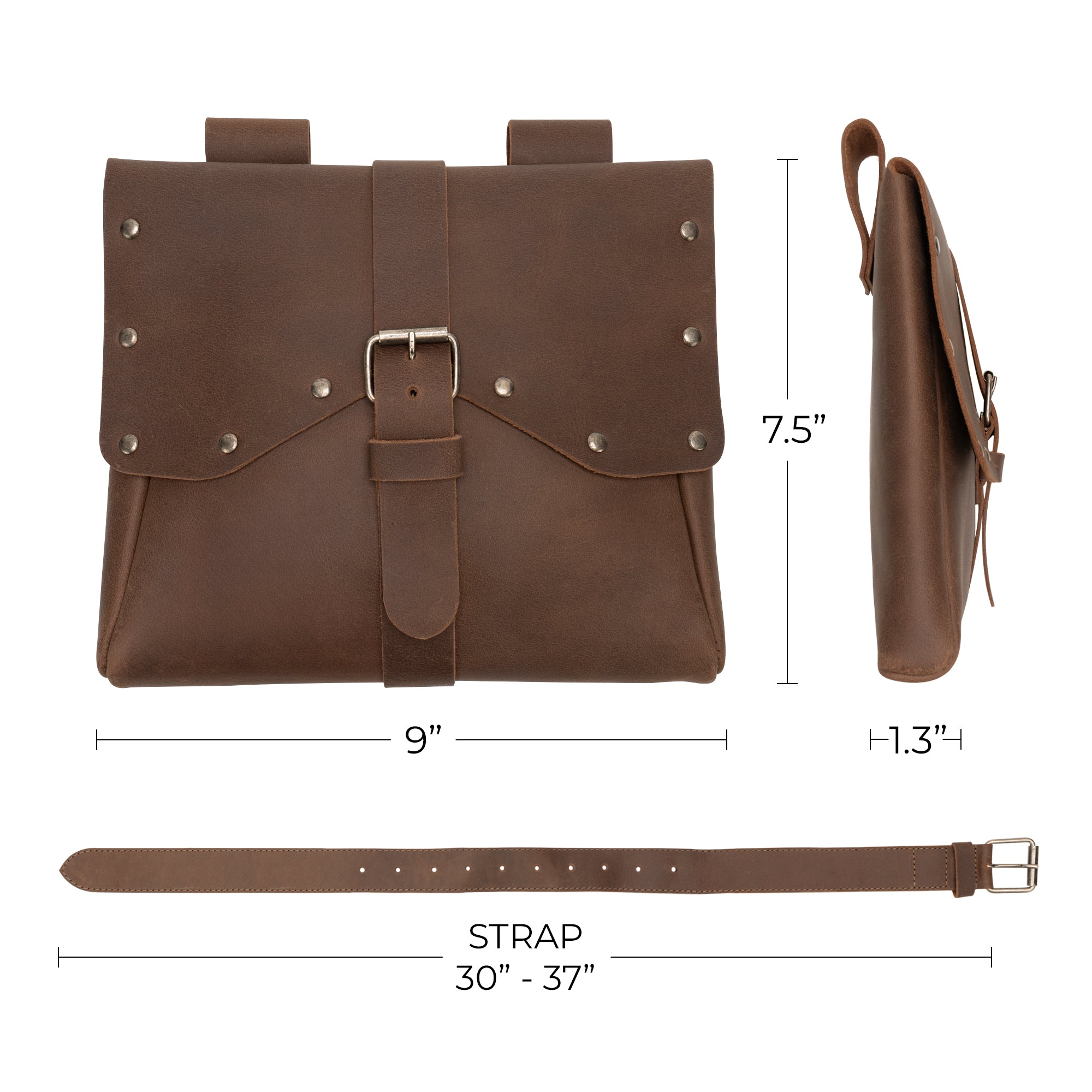 Dimensions and details of the Viking Style Waist Bag with Belt from Hide & Play, highlighting its full grain leather construction and craftsmanship. This waist bag serves as a perfect accessory for cosplay and costumes, representing small batch production and artisan quality from La Antigua Guatemala & Oaxaca Mexico.