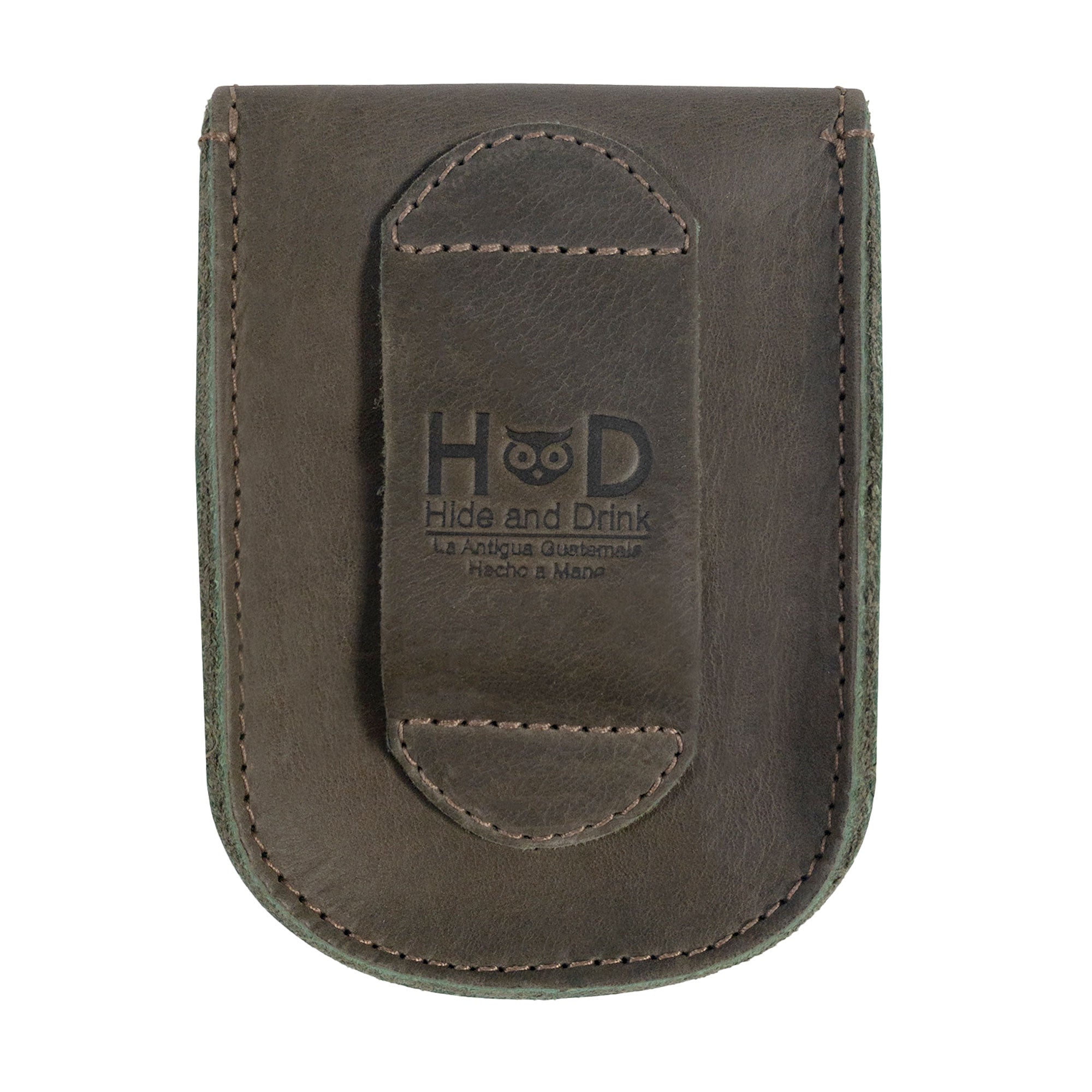 Dimensions displayed for the Olive Green Holster Pouch from Hide & Drink, highlighting its compact size and handy features. This artisan pouch is handmade from full grain leather for everyday use.
