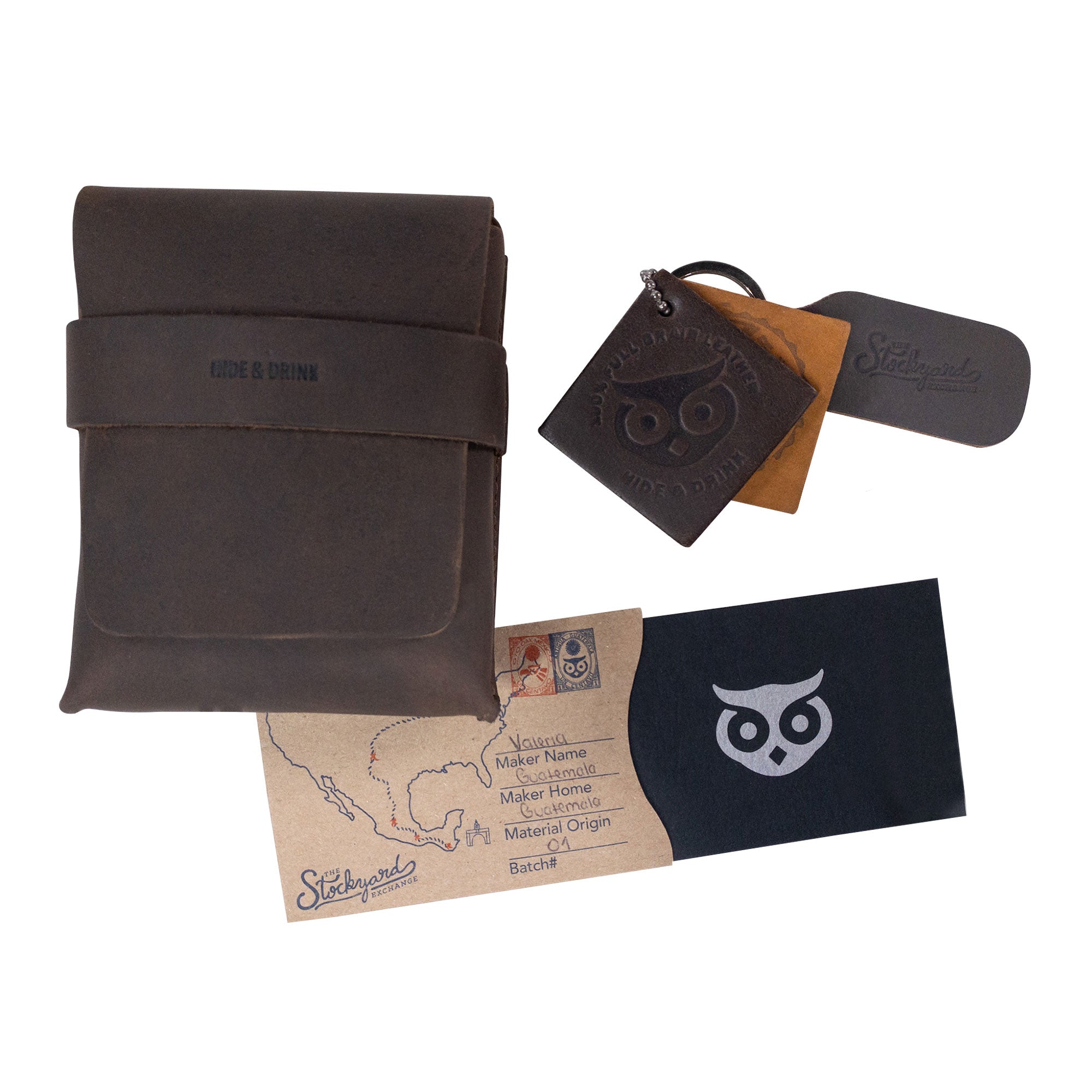 Hide & Drink Card Organizer Pouch with accessories included, highlighting its unique design for holding up to 12 cards and folded bills. This vintage case is hand sewn from premium full grain leather, reinforcing its artisan quality and small batch production, made in La Antigua Guatemala & Oaxaca Mexico.