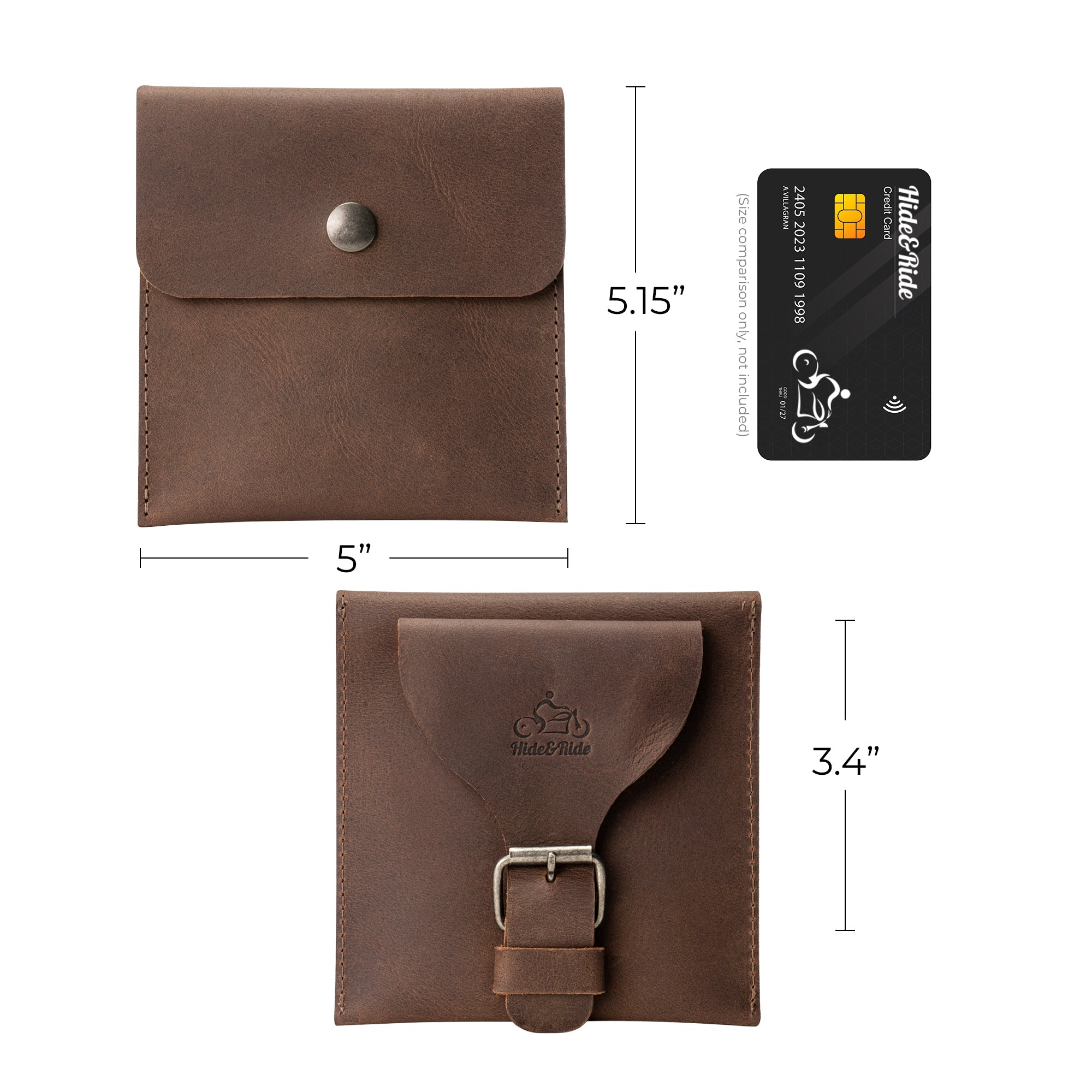 The Hide & Ride Document Handlebar Bag next to a credit card and informational material, highlighting its practical use as a small bag for handlebar needs. This Motorcycle Document Bag made from durable full grain leather reflects artisan craftsmanship, hand cut and hand sewn in La Antigua Guatemala & Oaxaca Mexico.