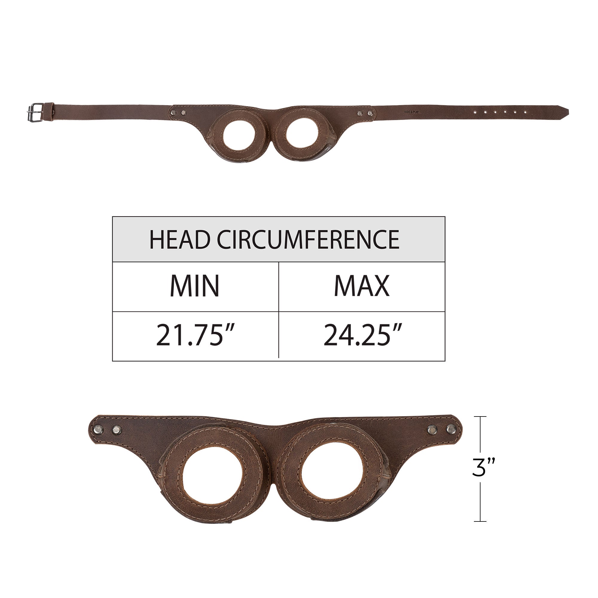 Dimensions and specifications of the Steampunk Style Goggles by Hide & Play, showcasing their comfortable fit and quality. Ideal as a retro cosplay prop and accessory for costumes, these handmade goggles are crafted from full grain leather in La Antigua Guatemala & Oaxaca Mexico.