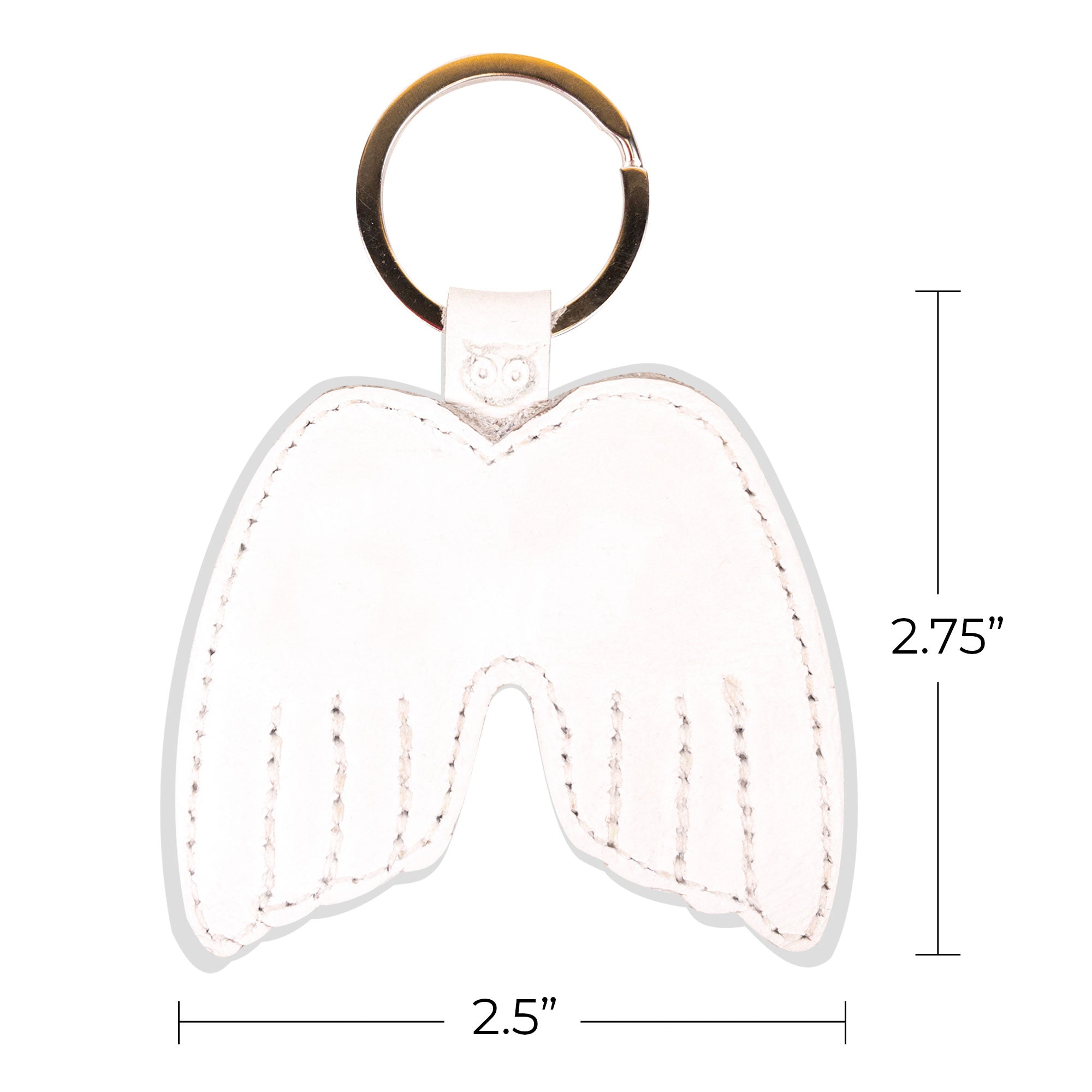 Detailed dimensions of the Angel Wings Keychain by Hide & Drink, showcasing its Full Grain Leather structure. This key ring holder, symbolizing peace, highlights the meticulous nature of small batch production. Handmade in La Antigua Guatemala & Oaxaca Mexico, it features hand-cut, hand-sewn details, and is fire branded, showcasing exceptional artisan craftsmanship.