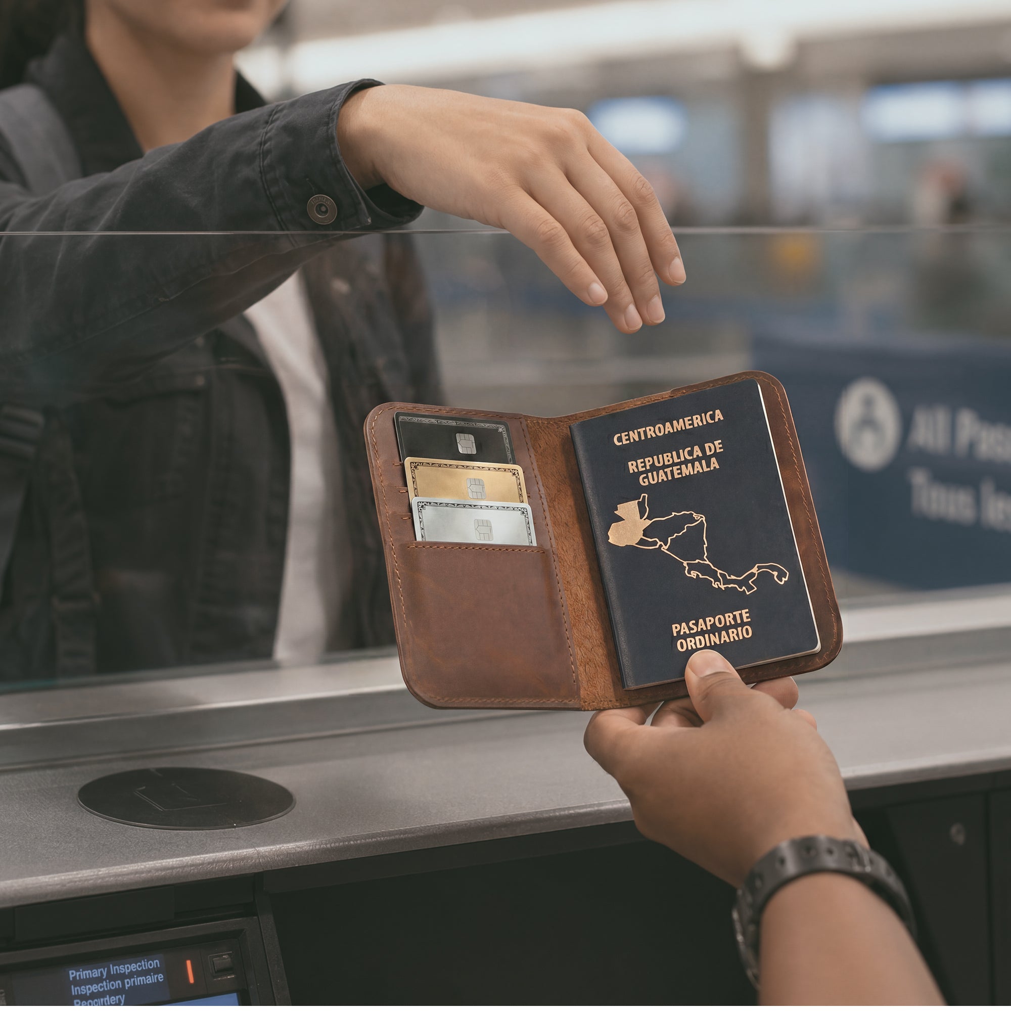 Open view of the Hide & Drink Travel Wallet, demonstrating ample space for cards and documents, ideal as a bifold passport case. This handmade travel wallet features a classic cover, crafted from premium leather, made in La Antigua Guatemala.