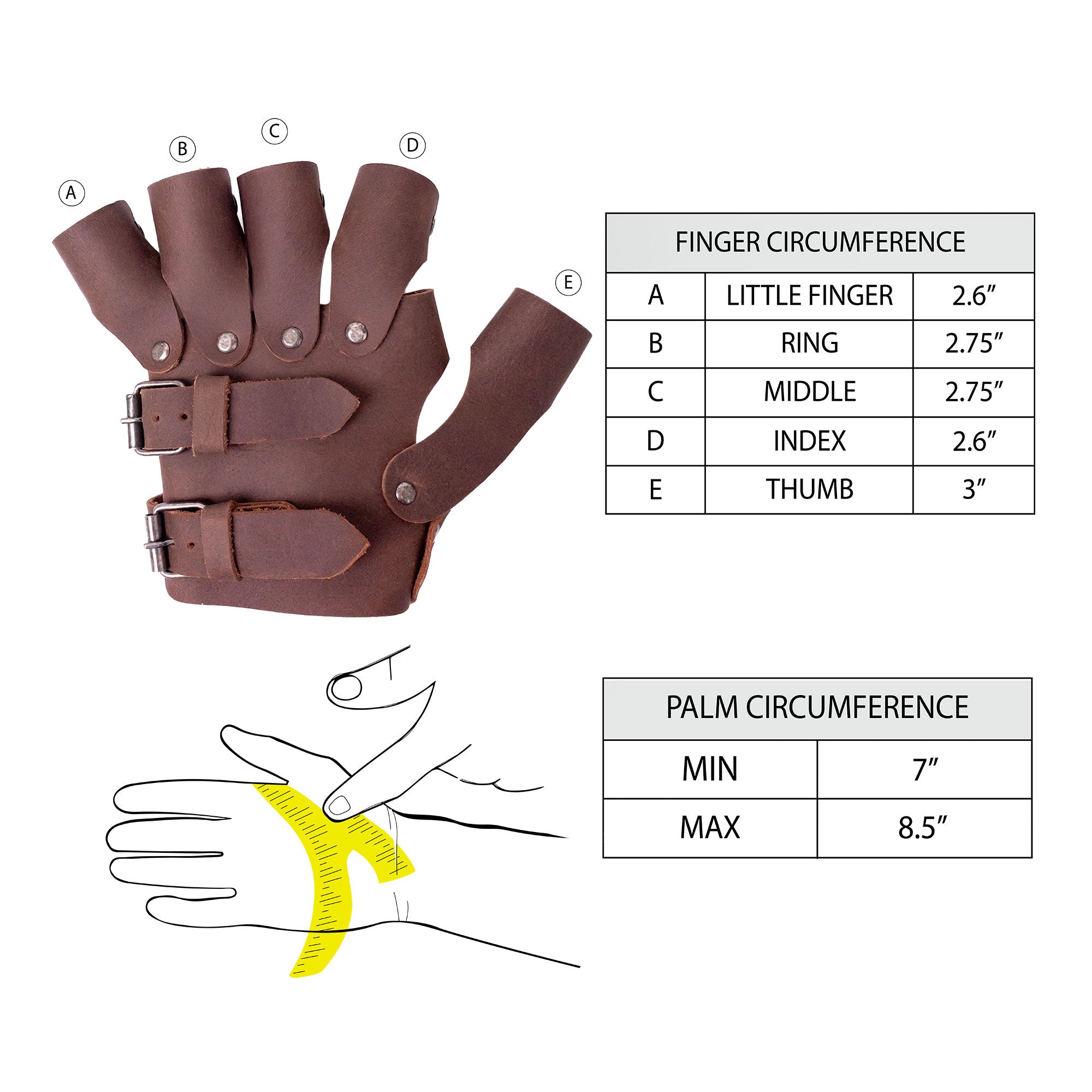 An informative image outlining the measurements of the Set of 2 Steampunk Gloves, providing sizing details for potential buyers. These gloves, made by Hide & Play from full grain leather, are perfect as cosplay costume accessories and embody artisan handmade quality from La Antigua Guatemala.