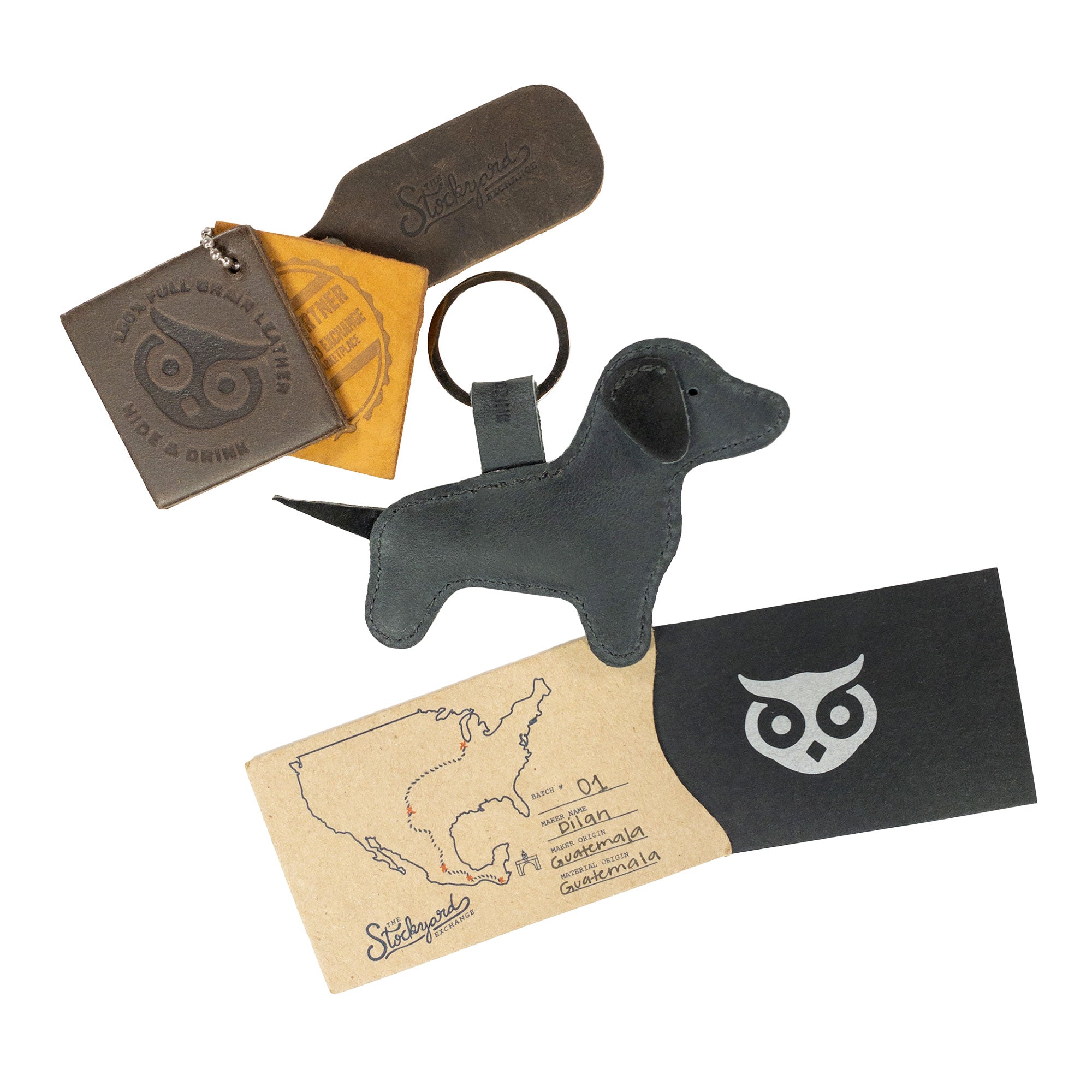This image showcases the Hide & Drink Dog Keychain, highlighting its unique design and quality as a Dachshund Keyring in black leather. This cute accessory embodies the essence of artisan quality, made from Full Grain Leather and handcrafted in La Antigua Guatemala & Oaxaca Mexico.