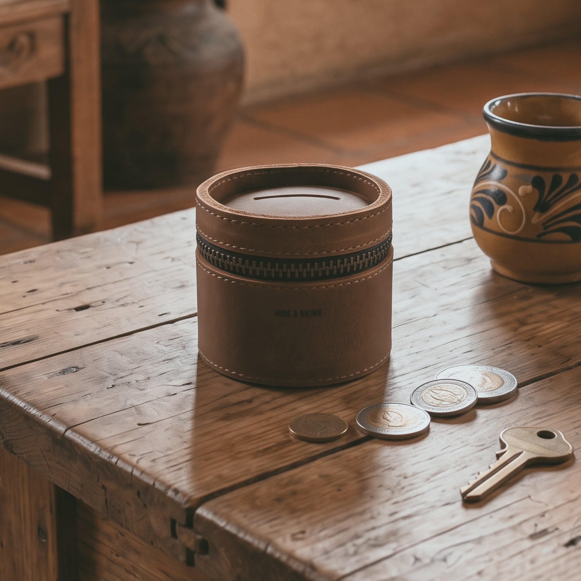 The Bucket Coin Release by Hide & Drink displayed on a rustic table, filled with coins and keys, showcasing its utility as a money box and piggy bank bucket. This full grain leather zippered pouch serves as a stylish cash organizer and coin case, reflecting handmade quality from La Antigua Guatemala & Oaxaca Mexico.