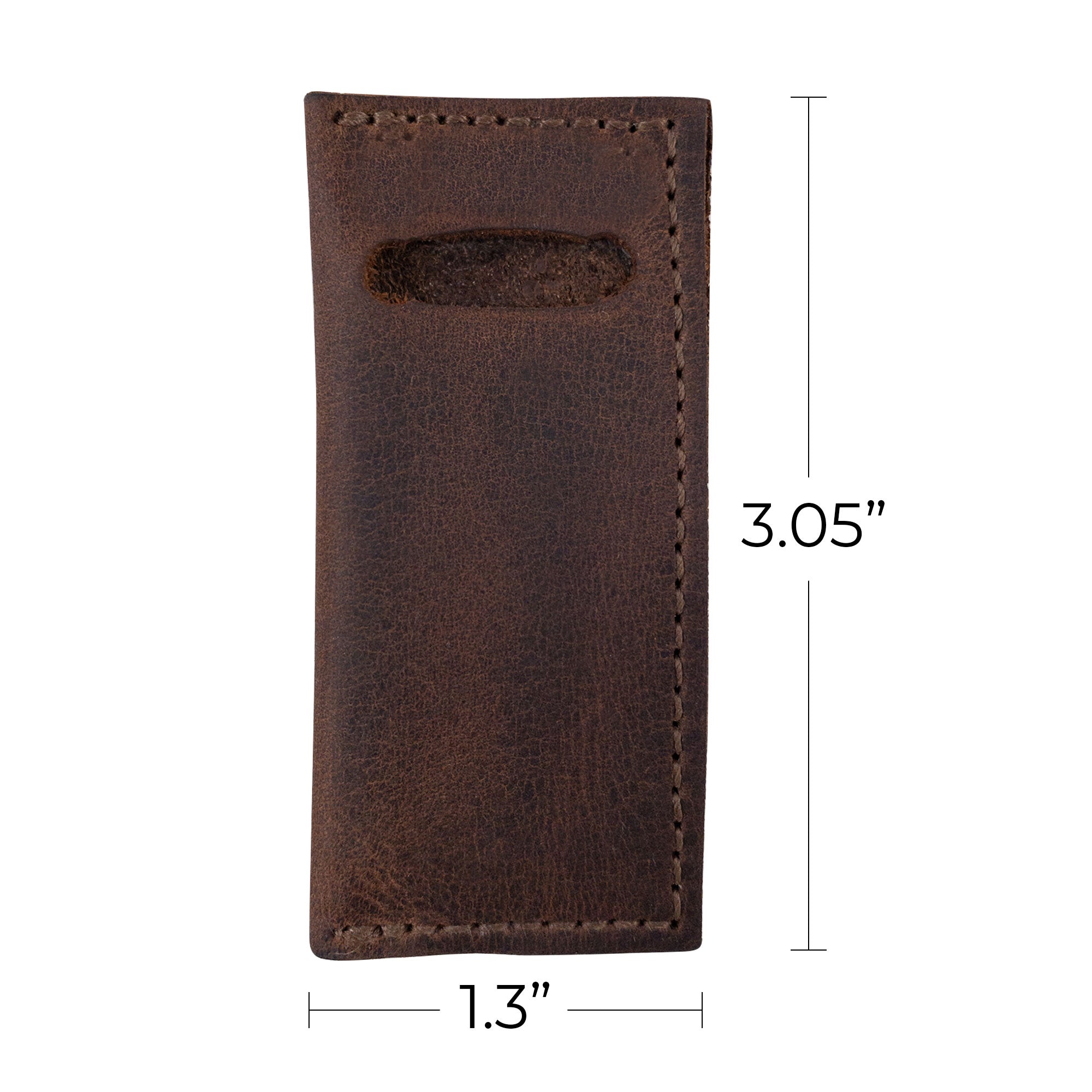 Hide & Drink Tooth Pick Case (4 Pack) with a measurement and description of the leather case for toothpicks. Set of 4 Tooth Pick Cases, Cooking Accessories, Full Grain Leather, StockyardX, Small Batch Production, Hand Cut, Hand Sewn, Fire Branded, Artisan, Handmade in La Antigua Guatemala & Oaxaca Mexico.