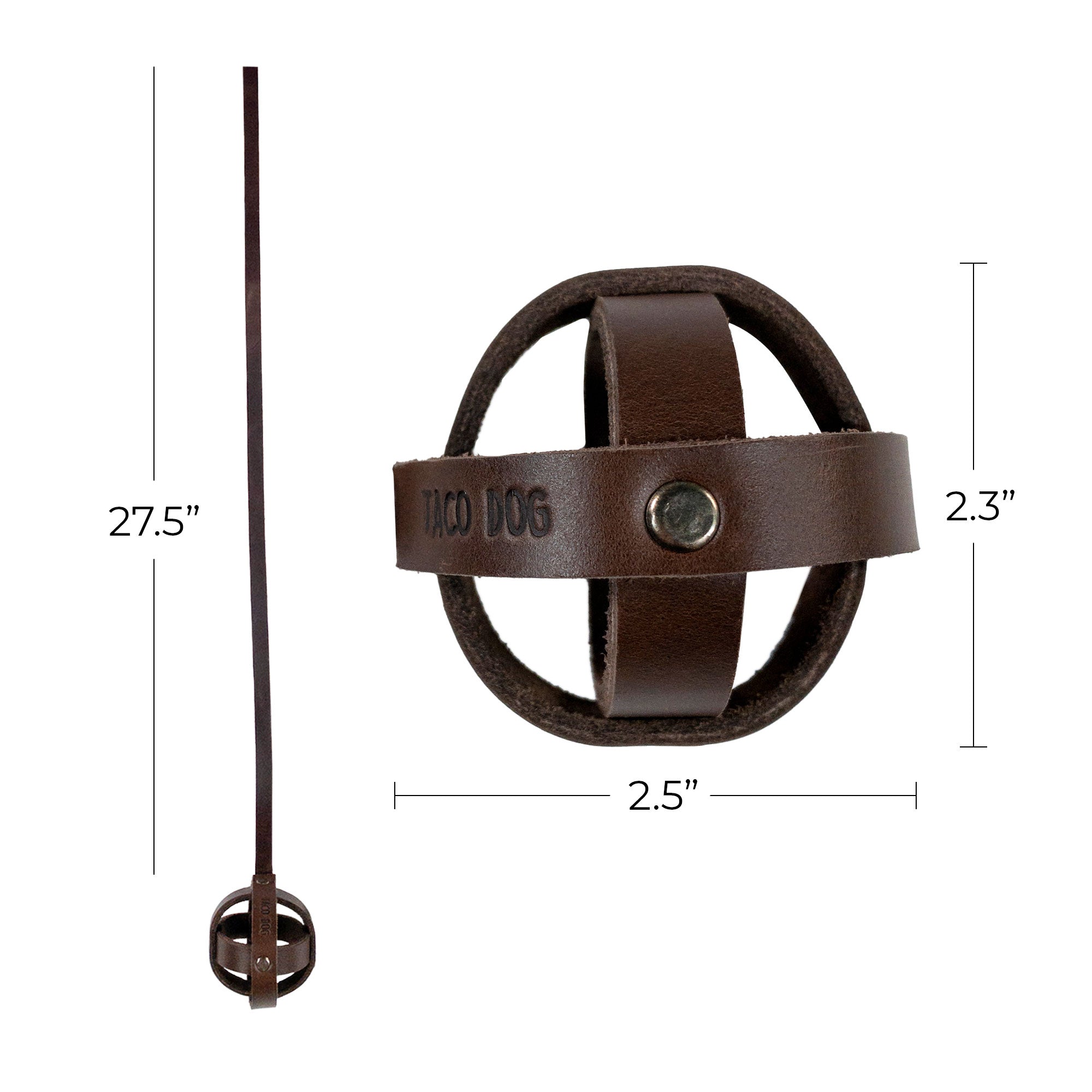 Detailed view of Taco Dog's Ball Toy with Strap for Cats, showing dimensions and design. This artisan-crafted interactive ball toy is made of full grain leather, perfect for chasing and indoor pet activities, ensuring quality fun for cats, made in La Antigua Guatemala.